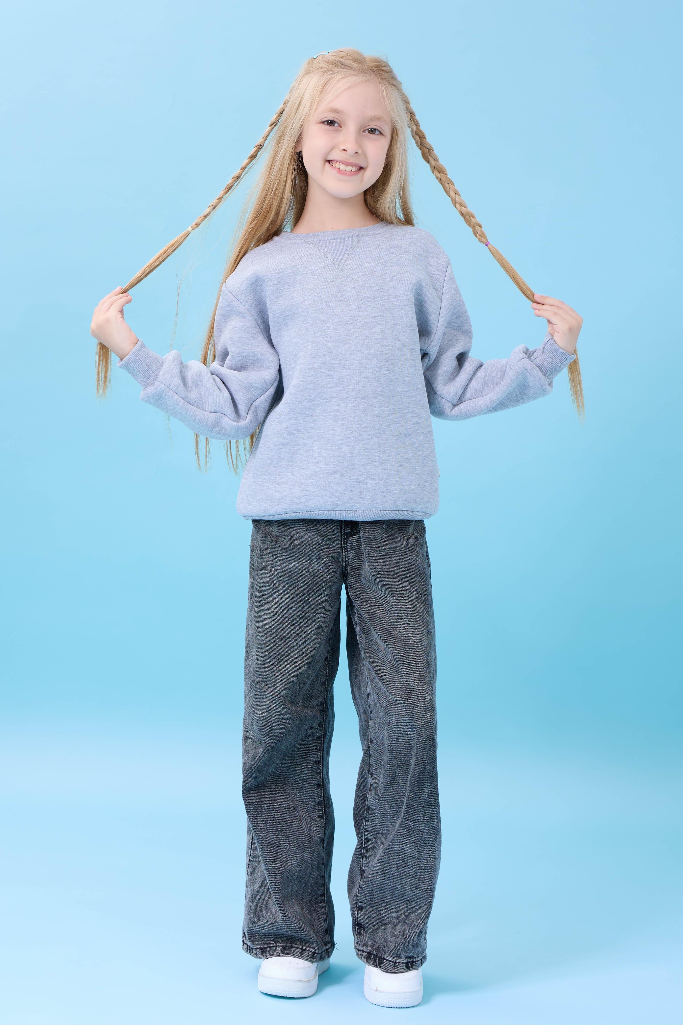 Unisex Basic Bisiklet Yaka Şardonlu Kışlık Sweatshirt - Gri