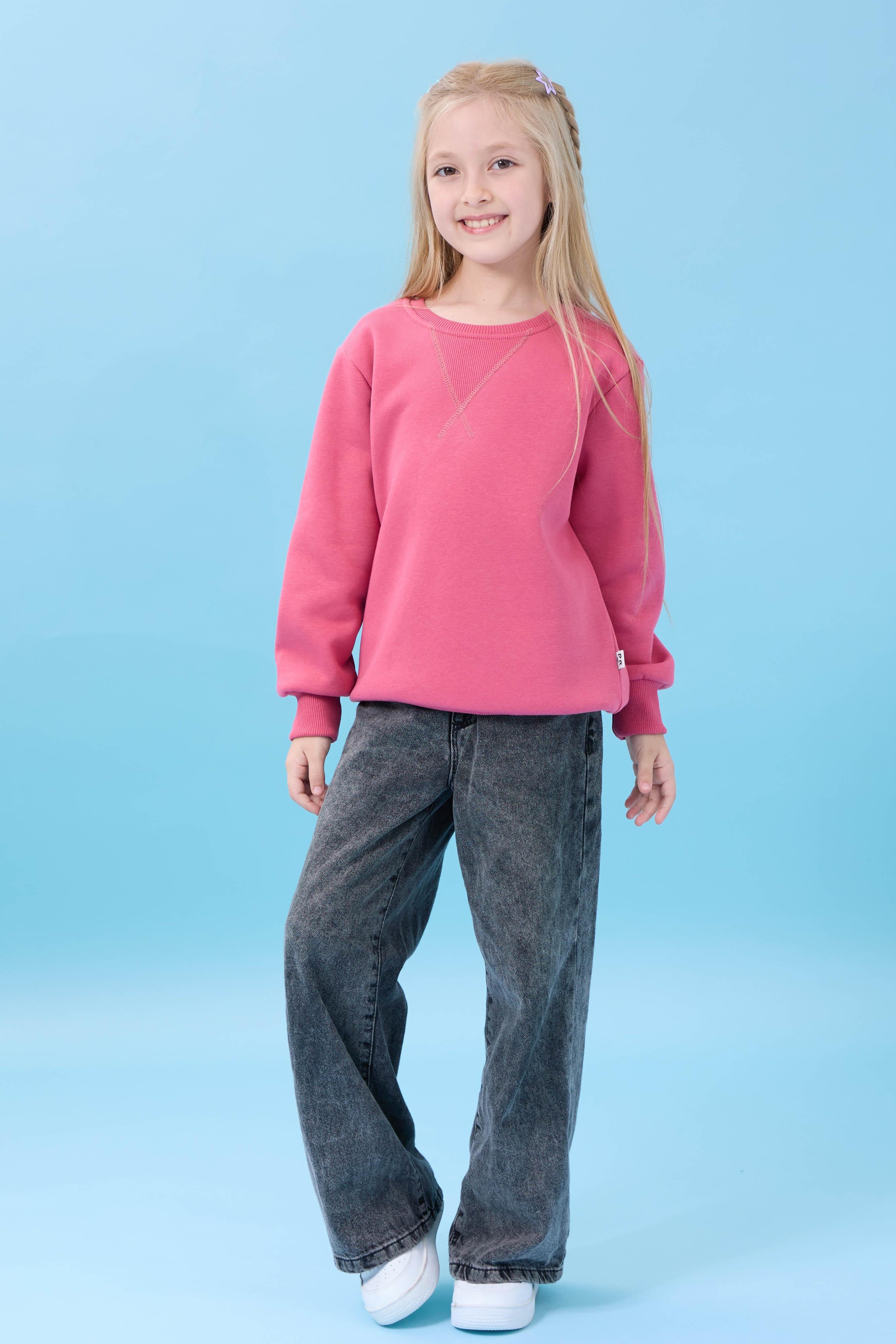 Unisex Basic Bisiklet Yaka Şardonlu Kışlık Sweatshirt - Gül Kurusu