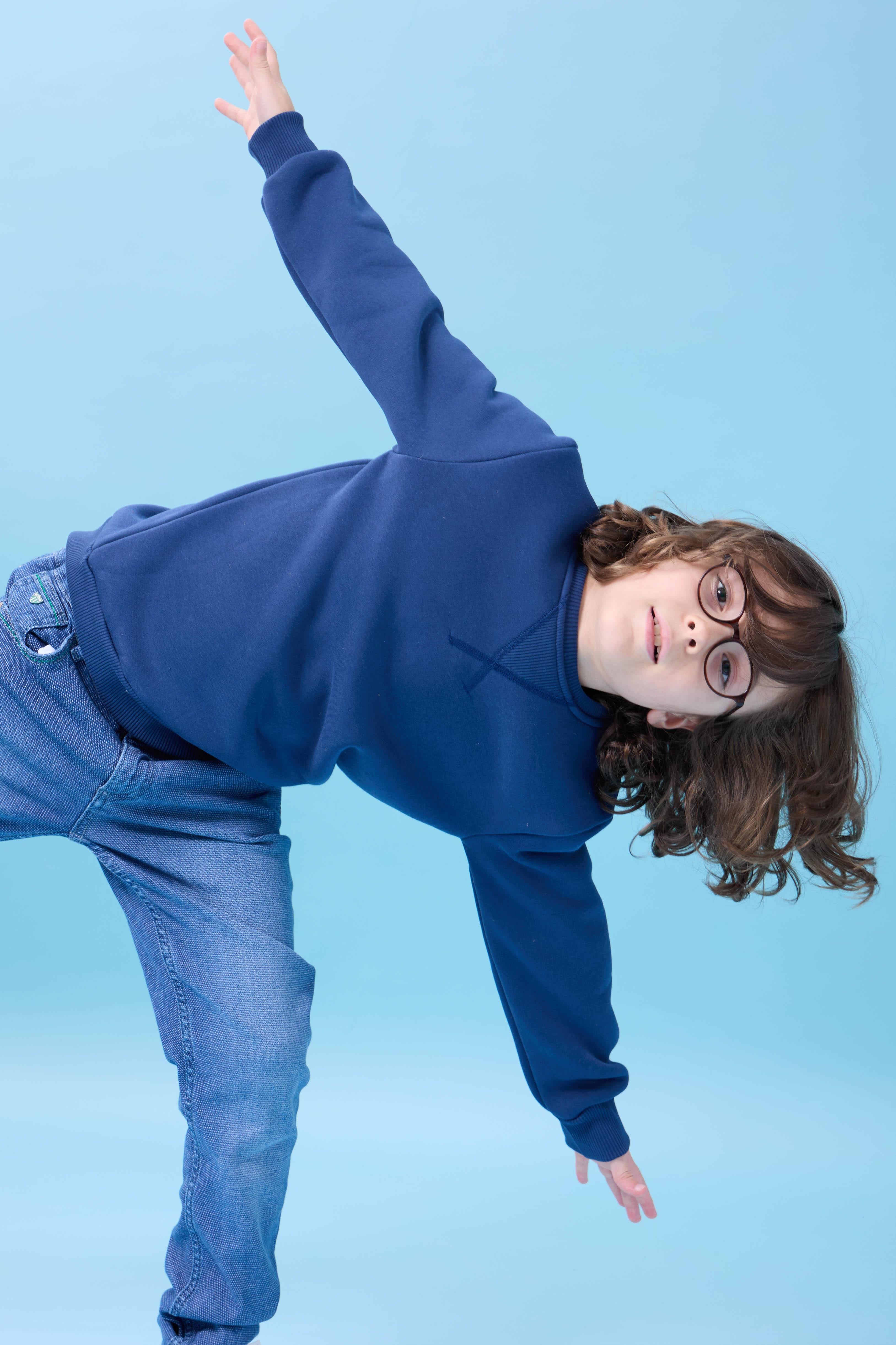 Unisex Basic Bisiklet Yaka Şardonlu Kışlık Sweatshirt - İndigo