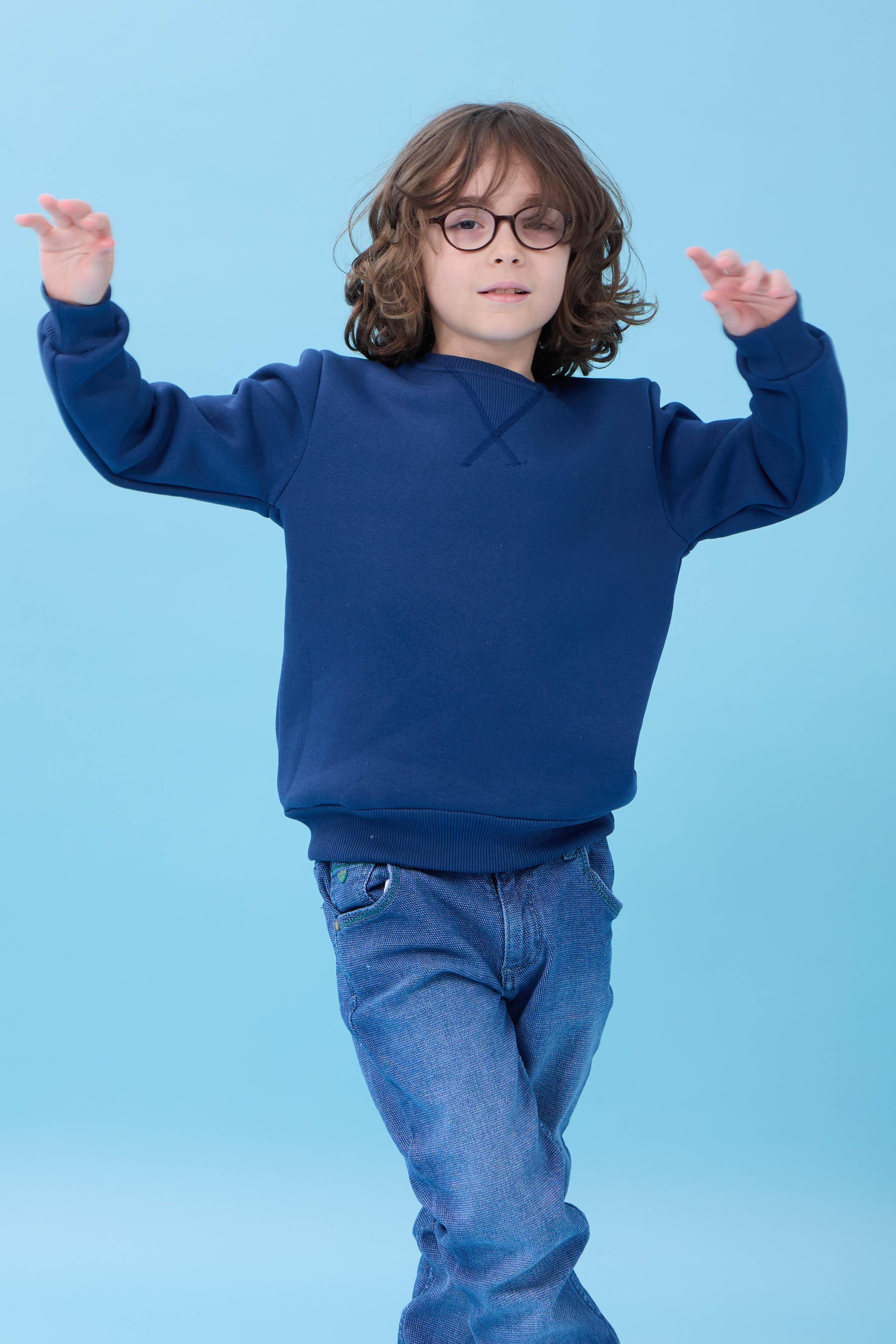 Unisex Basic Bisiklet Yaka Şardonlu Kışlık Sweatshirt - İndigo