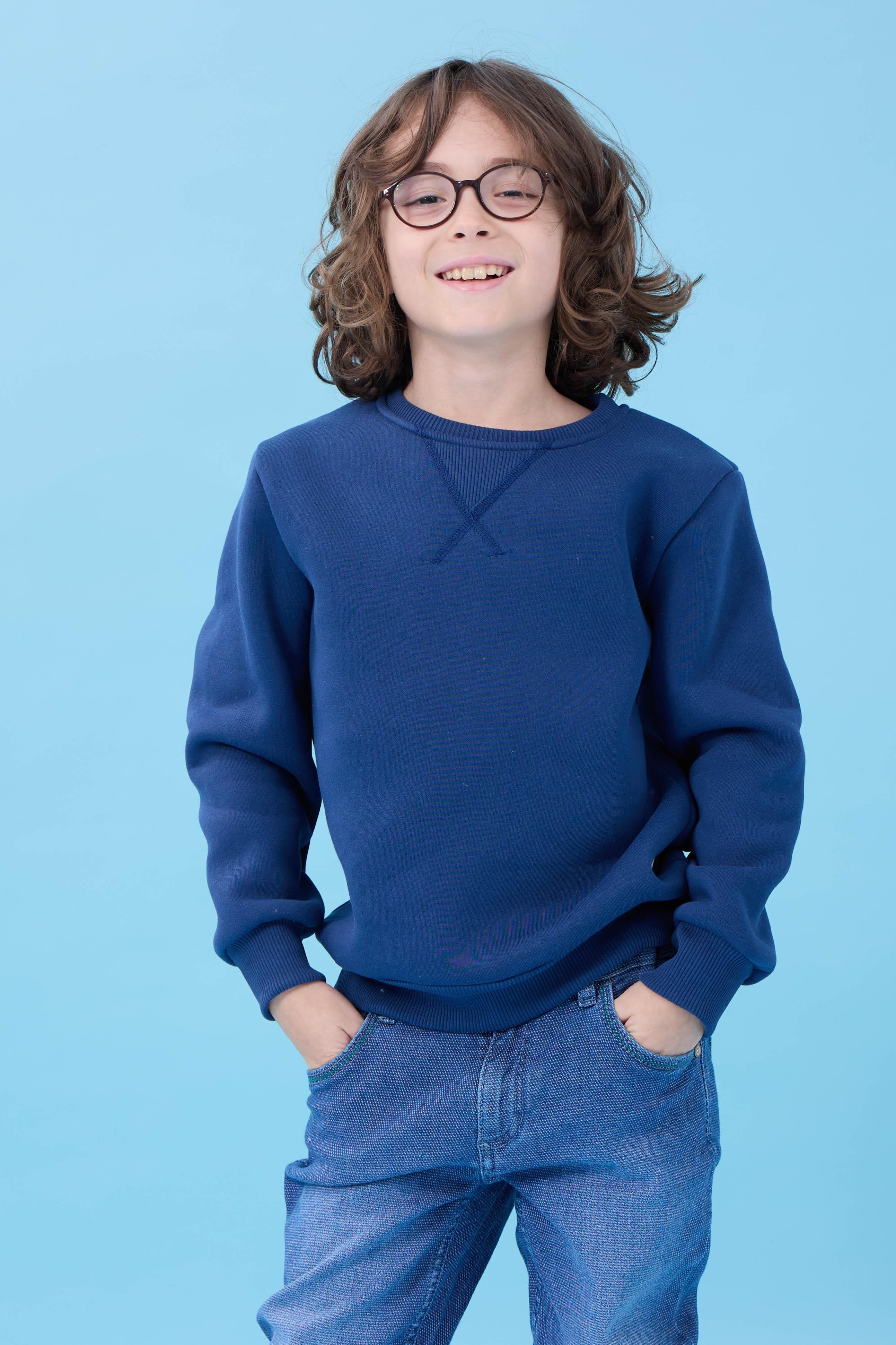 Unisex Basic Bisiklet Yaka Şardonlu Kışlık Sweatshirt - İndigo