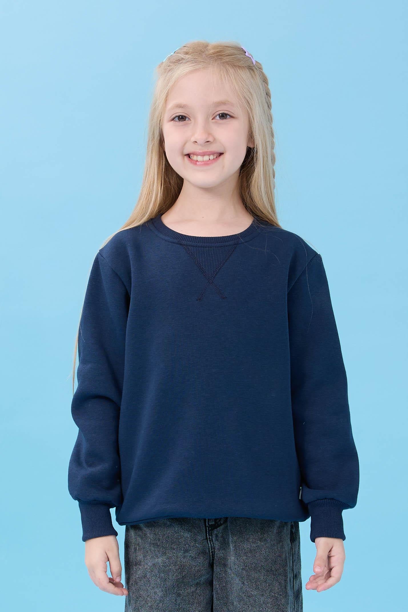 Unisex Basic Bisiklet Yaka Şardonlu Kışlık Sweatshirt - Lacivert