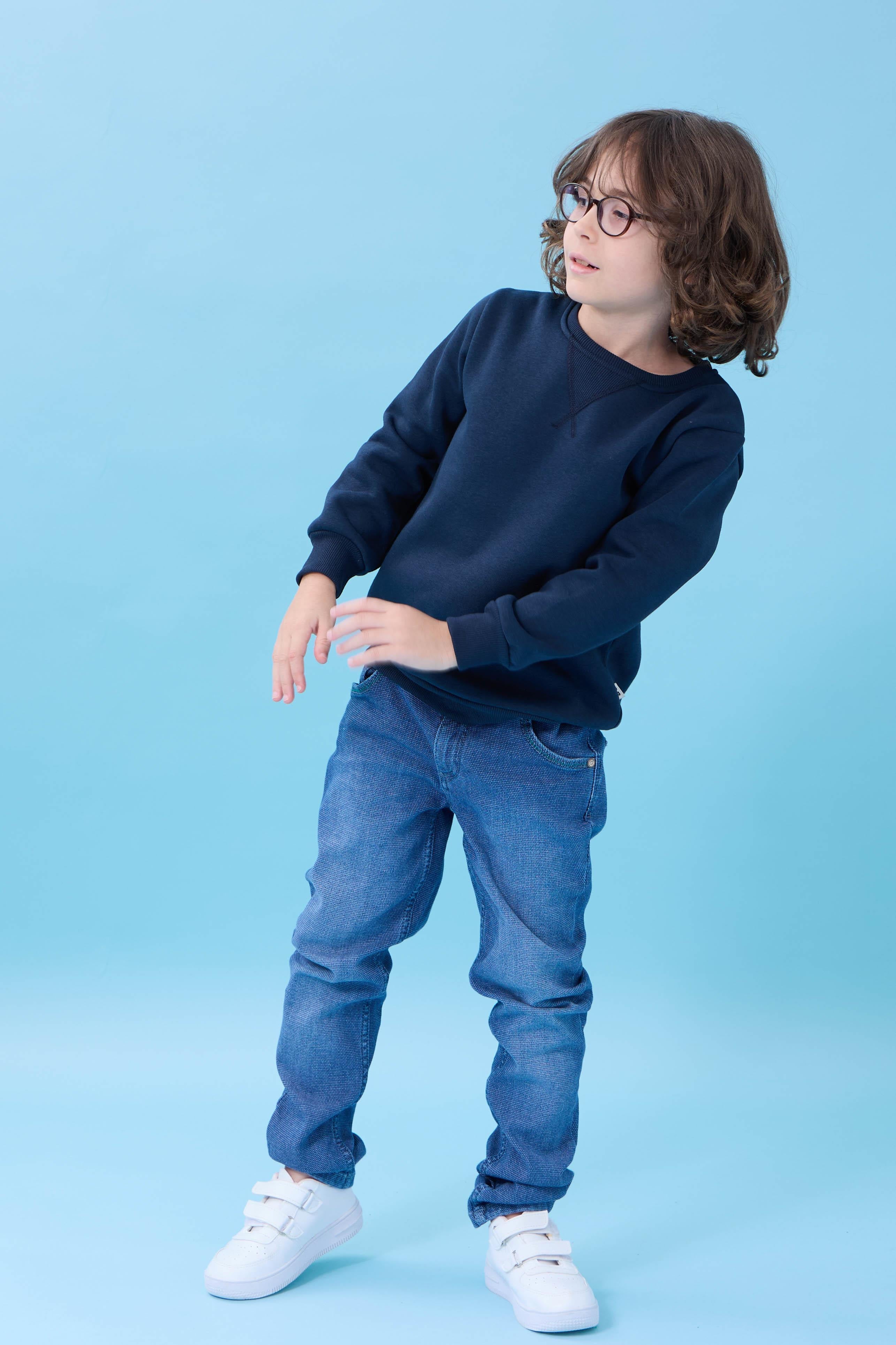 Unisex Basic Bisiklet Yaka Şardonlu Kışlık Sweatshirt - Lacivert
