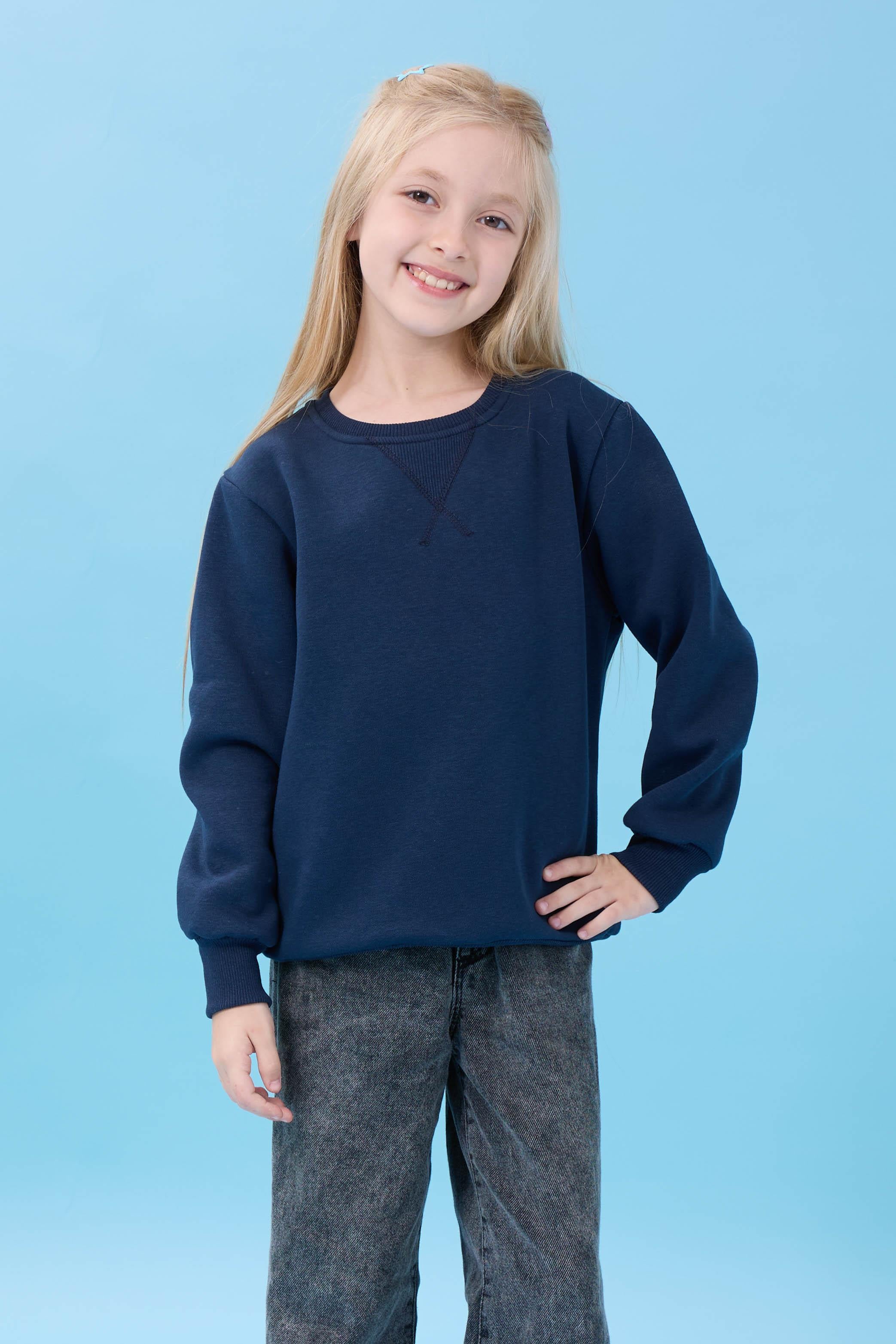 Unisex Basic Bisiklet Yaka Şardonlu Kışlık Sweatshirt - Lacivert