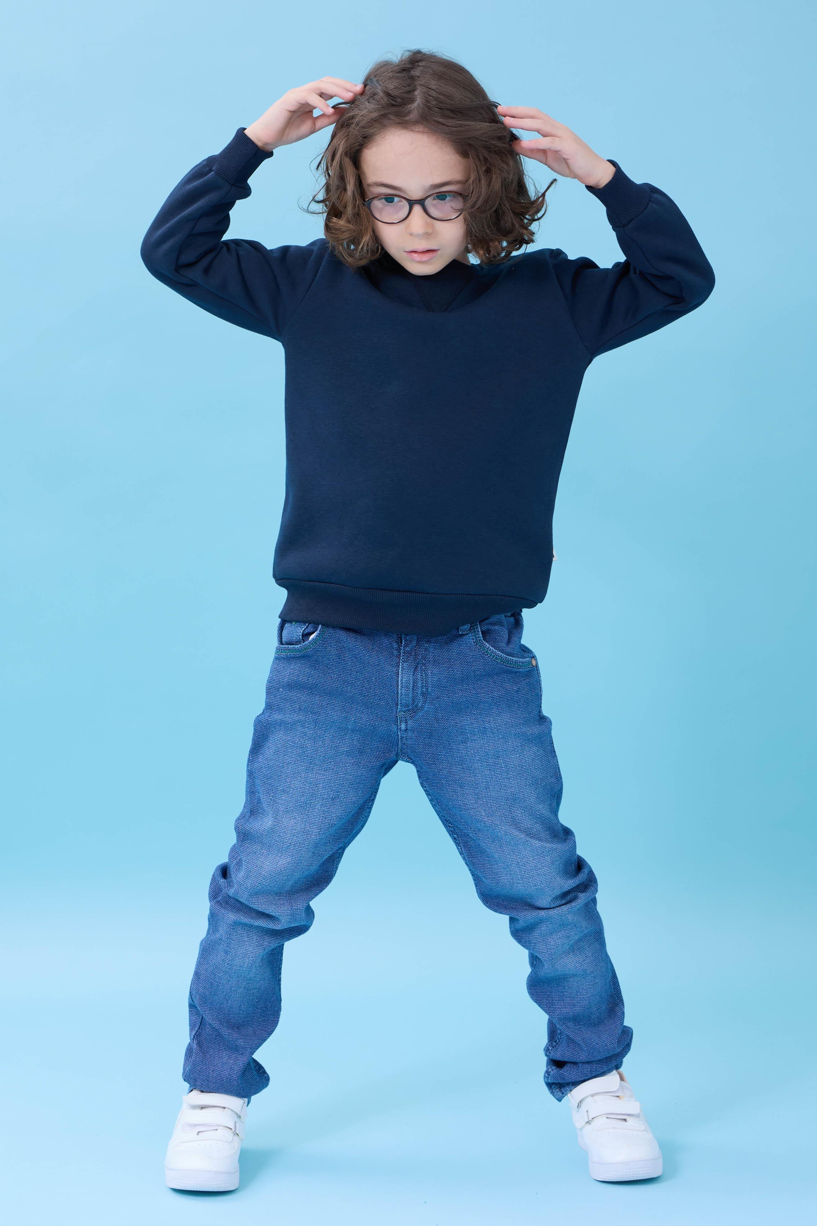 Unisex Basic Bisiklet Yaka Şardonlu Kışlık Sweatshirt - Lacivert