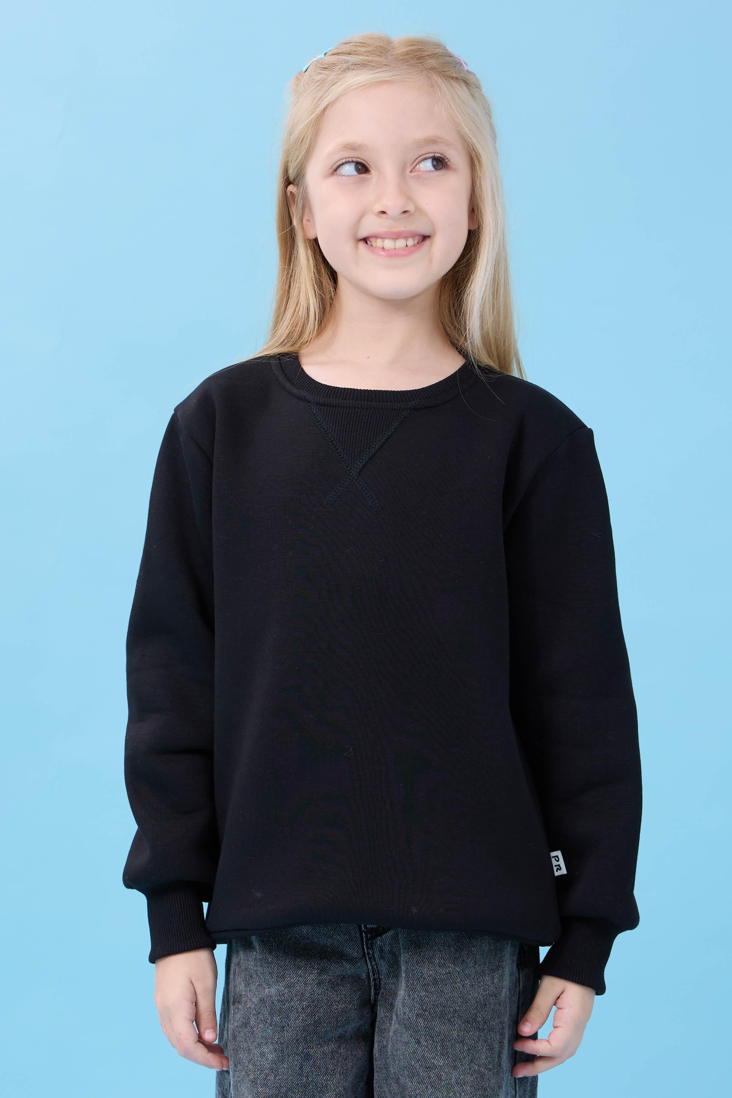 Unisex Basic Bisiklet Yaka Şardonlu Kışlık Sweatshirt - Siyah