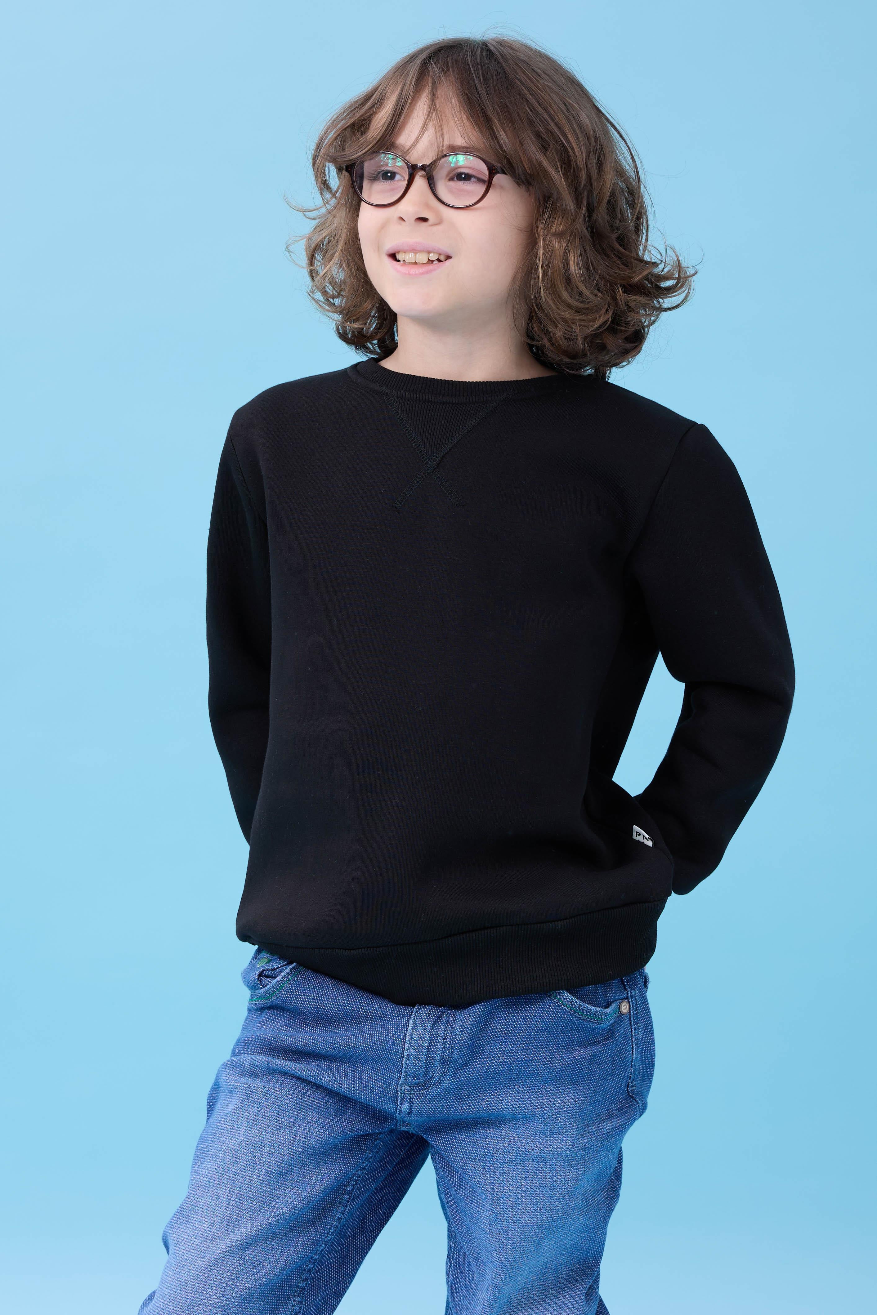 Unisex Basic Bisiklet Yaka Şardonlu Kışlık Sweatshirt - Siyah