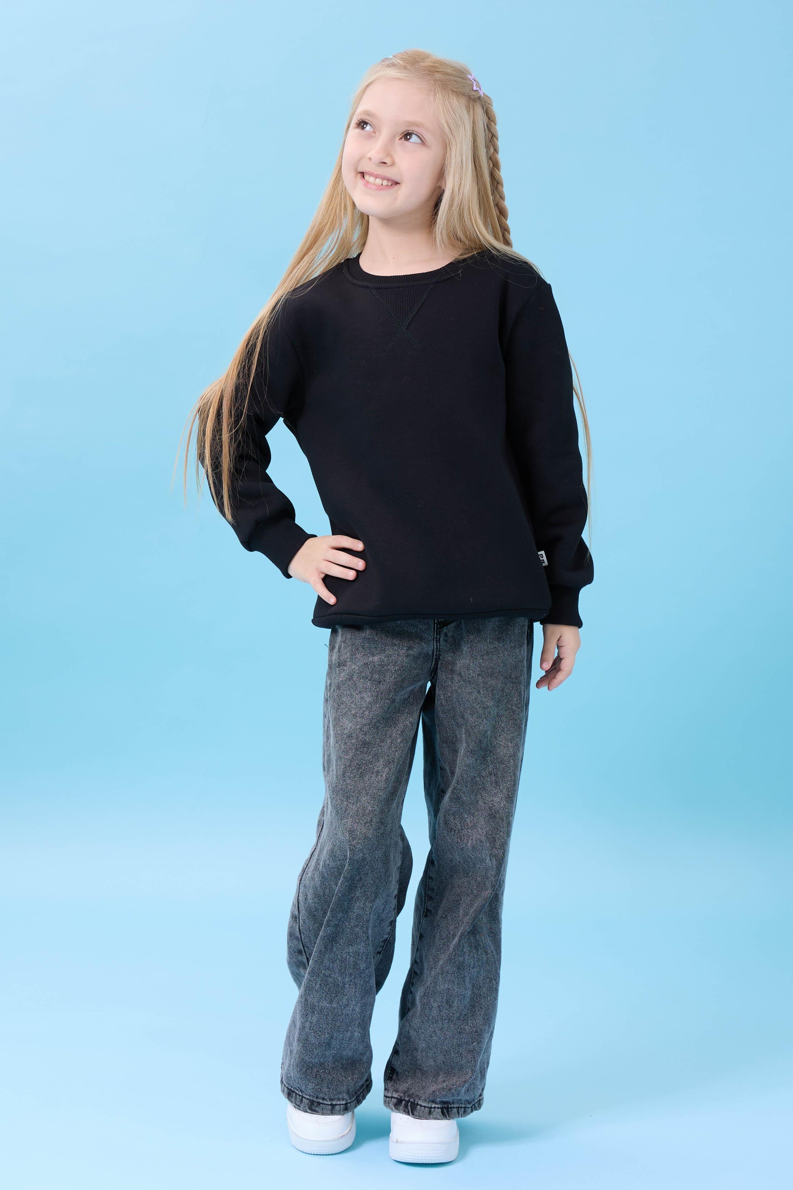 Unisex Basic Bisiklet Yaka Şardonlu Kışlık Sweatshirt - Siyah