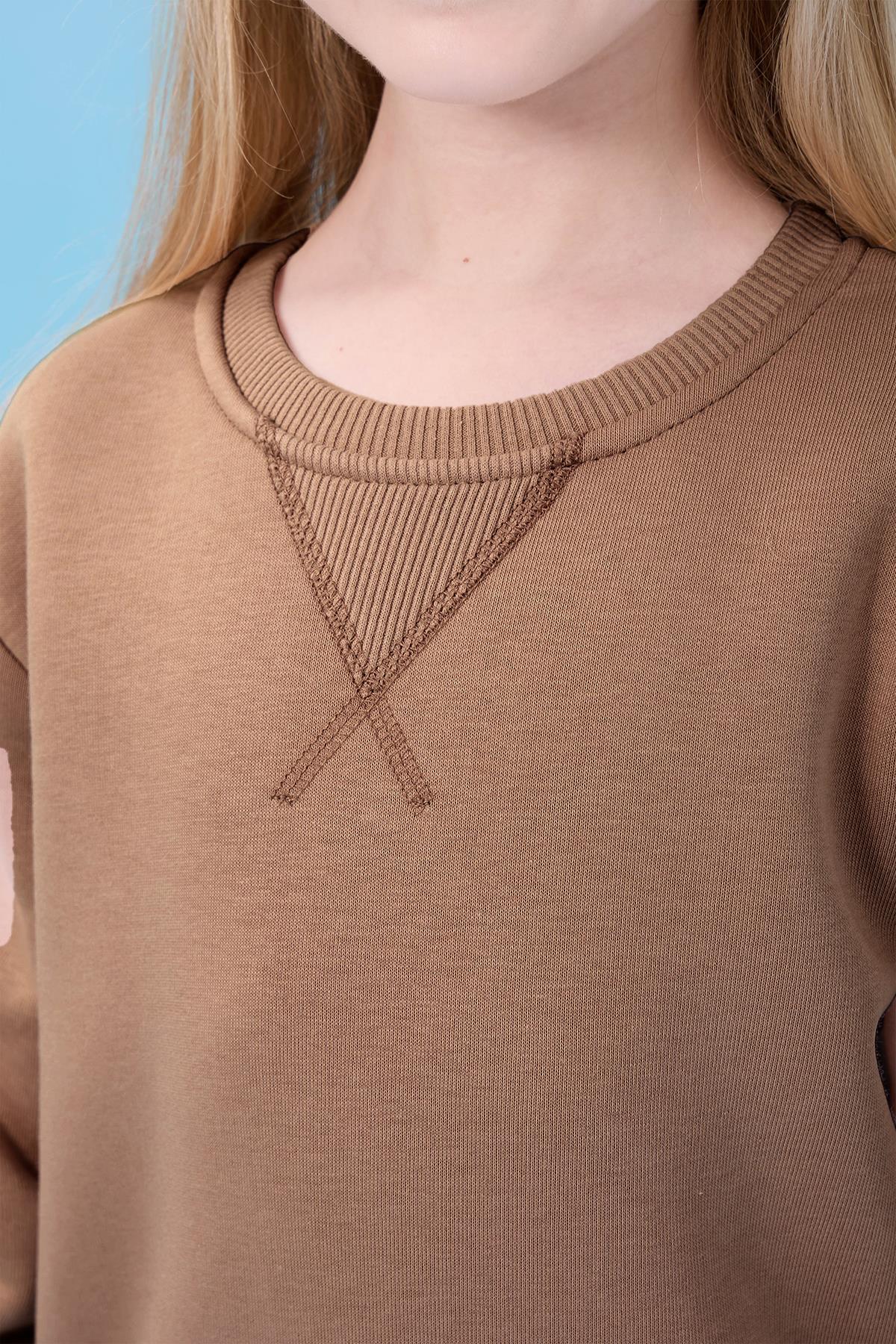 Unisex Basic Bisiklet Yaka Şardonlu Kışlık Sweatshirt - Sütlü Kahve