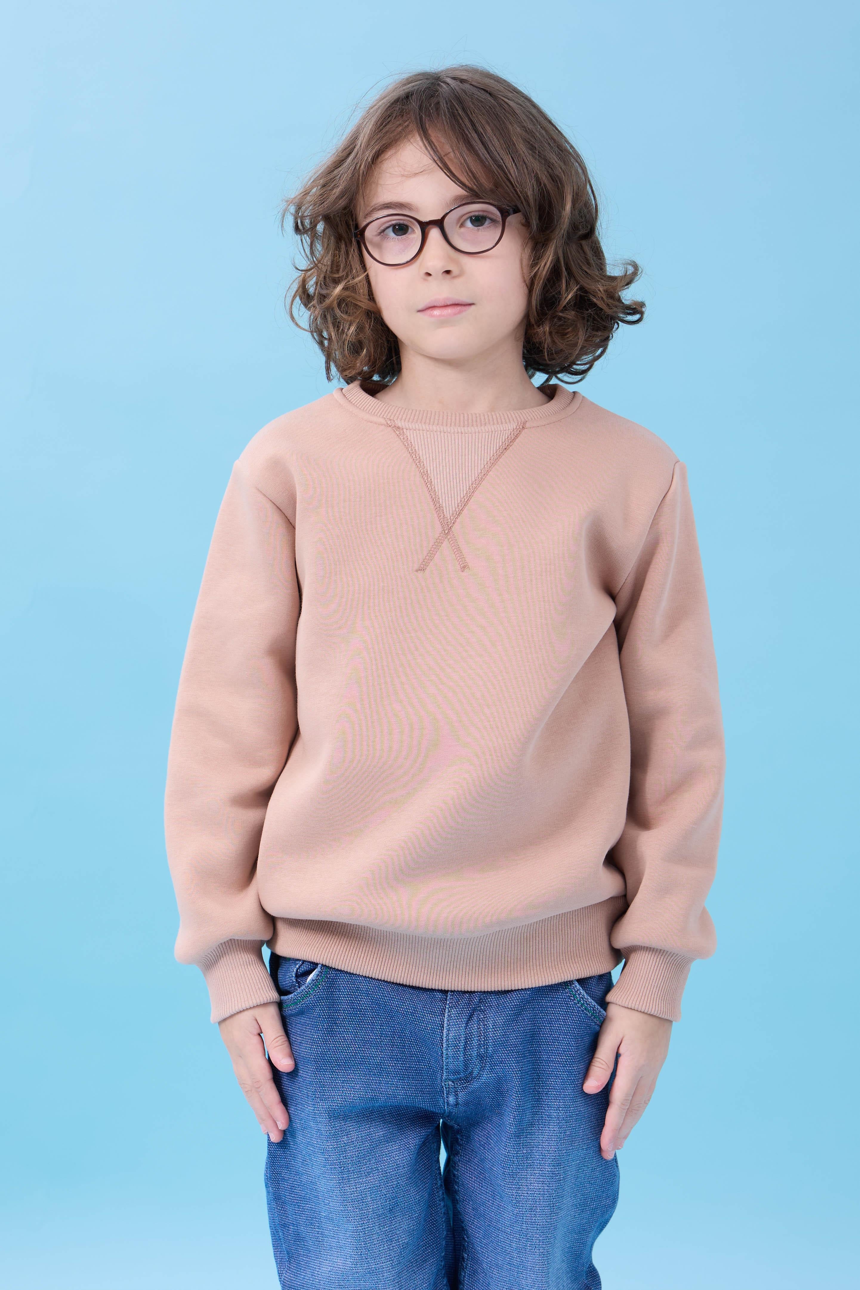 Unisex Basic Bisiklet Yaka Şardonlu Kışlık Sweatshirt - Toprak