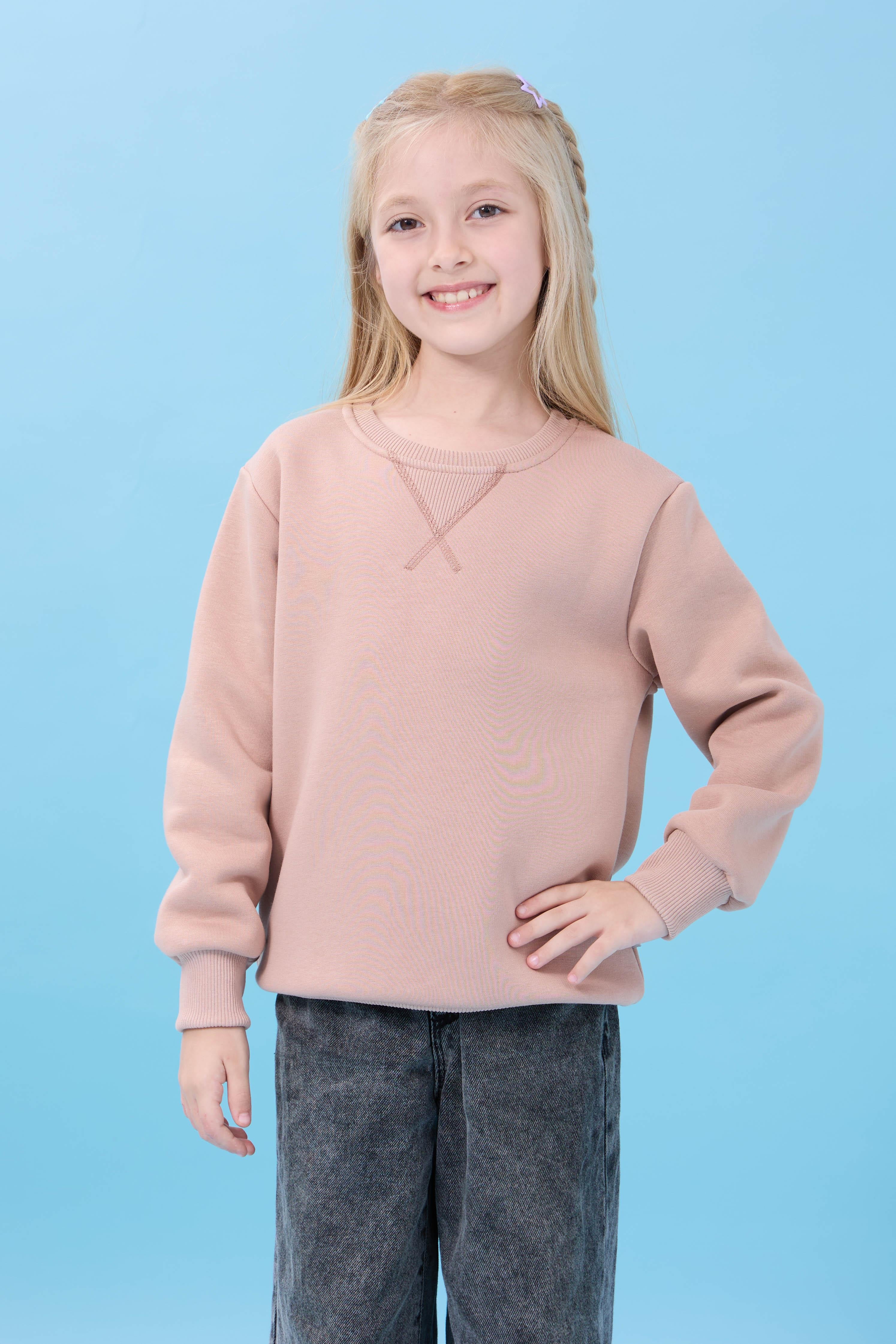 Unisex Basic Bisiklet Yaka Şardonlu Kışlık Sweatshirt - Toprak