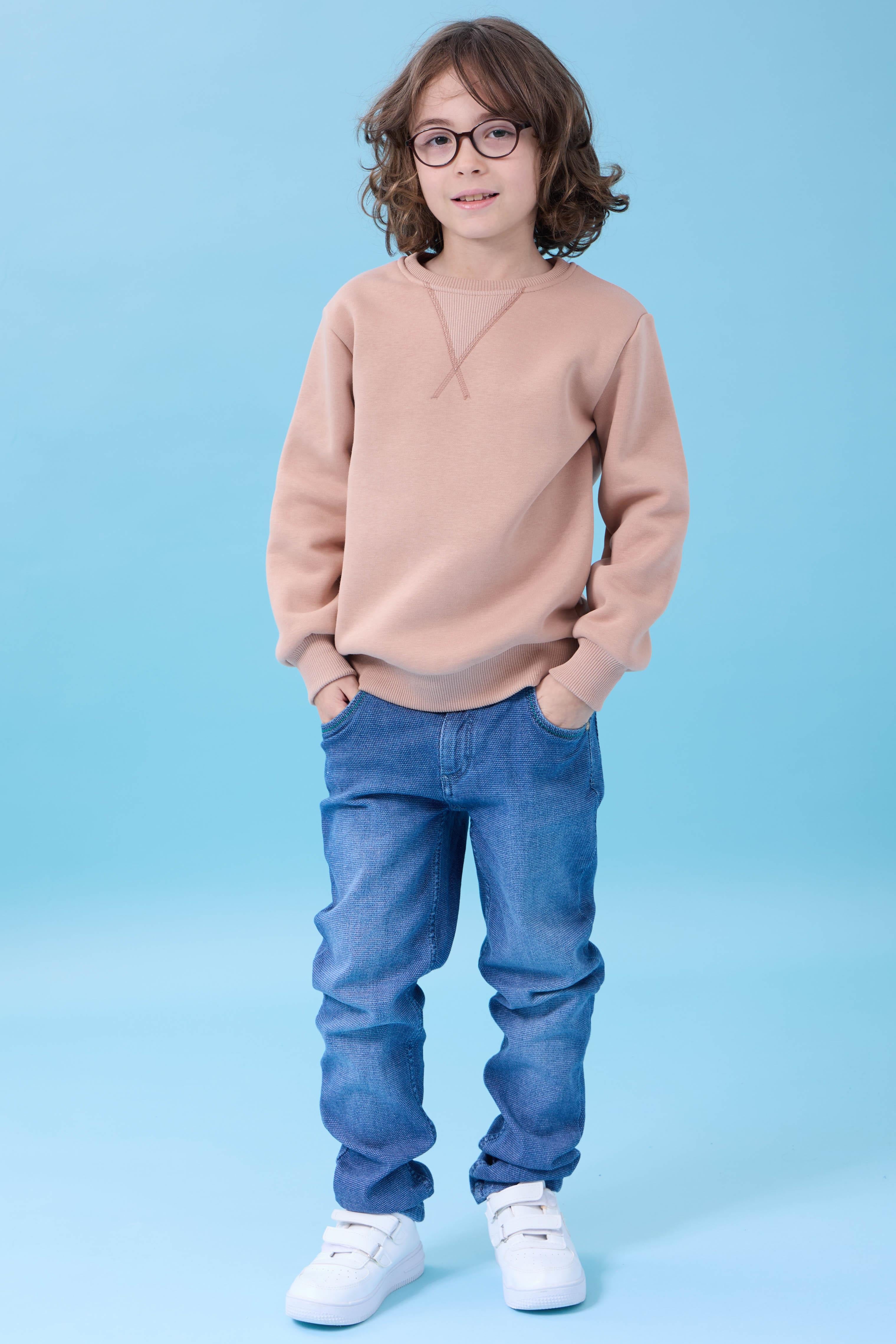 Unisex Basic Bisiklet Yaka Şardonlu Kışlık Sweatshirt - Toprak