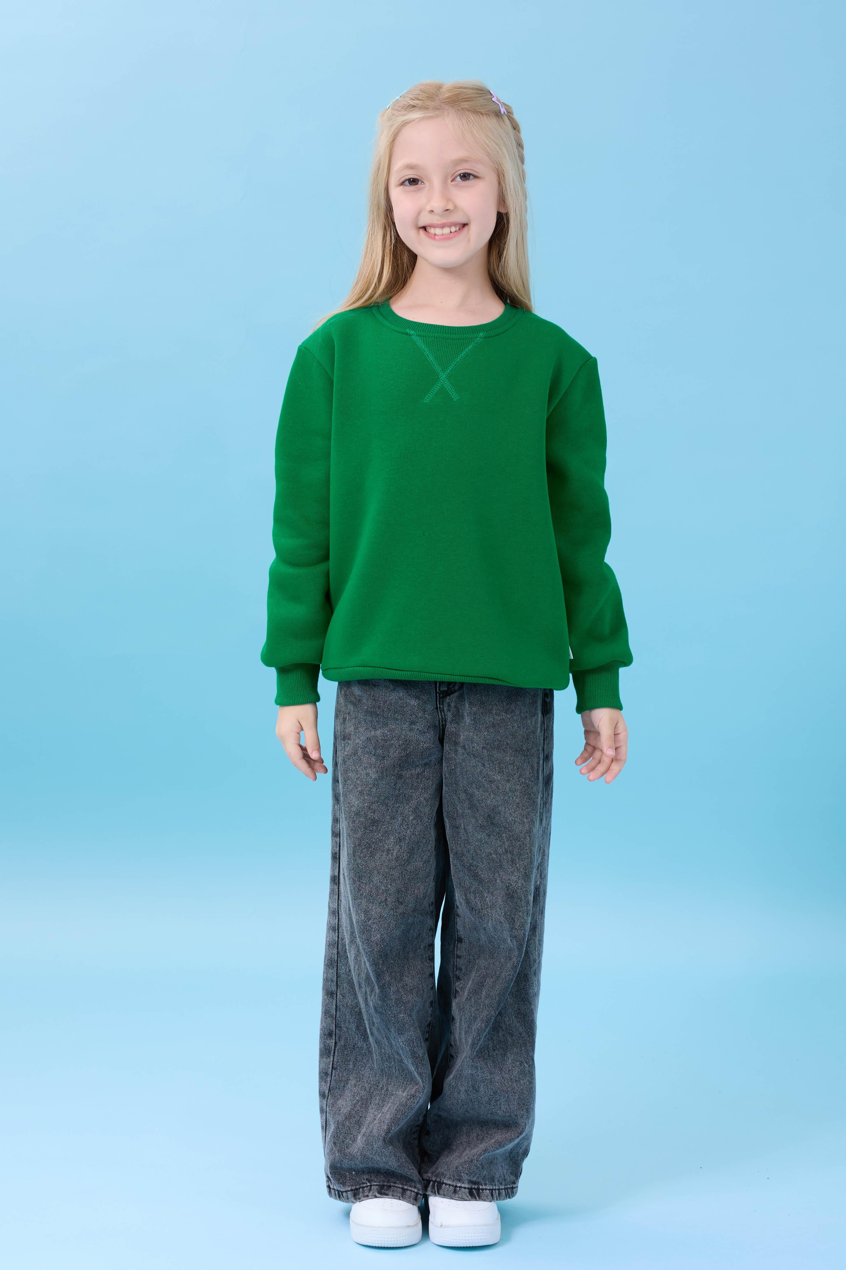 Unisex Basic Bisiklet Yaka Şardonlu Kışlık Sweatshirt - Yeşil