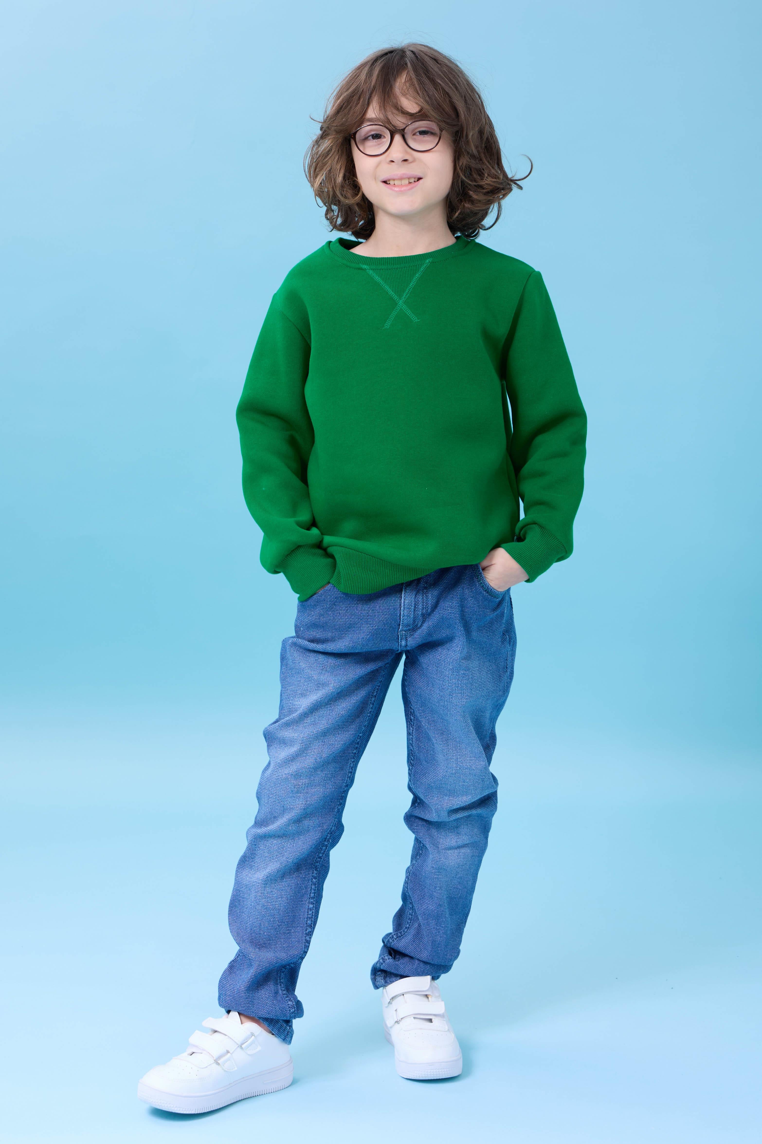 Unisex Basic Bisiklet Yaka Şardonlu Kışlık Sweatshirt - Yeşil