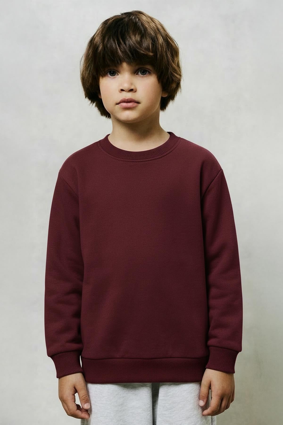 Unisex Çocuk 2'li Basic Bisiklet Yaka Sweatshirt Seti – Bordo & Kiremit