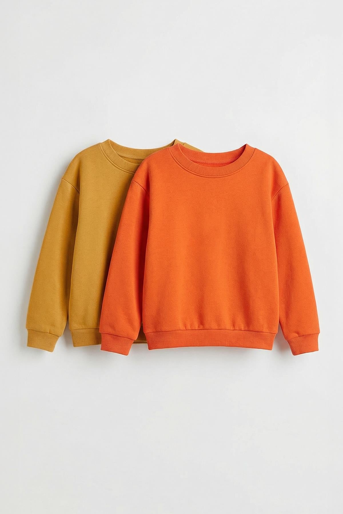 Unisex Çocuk 2'li Basic Bisiklet Yaka Sweatshirt Seti – Hardal & Turuncu