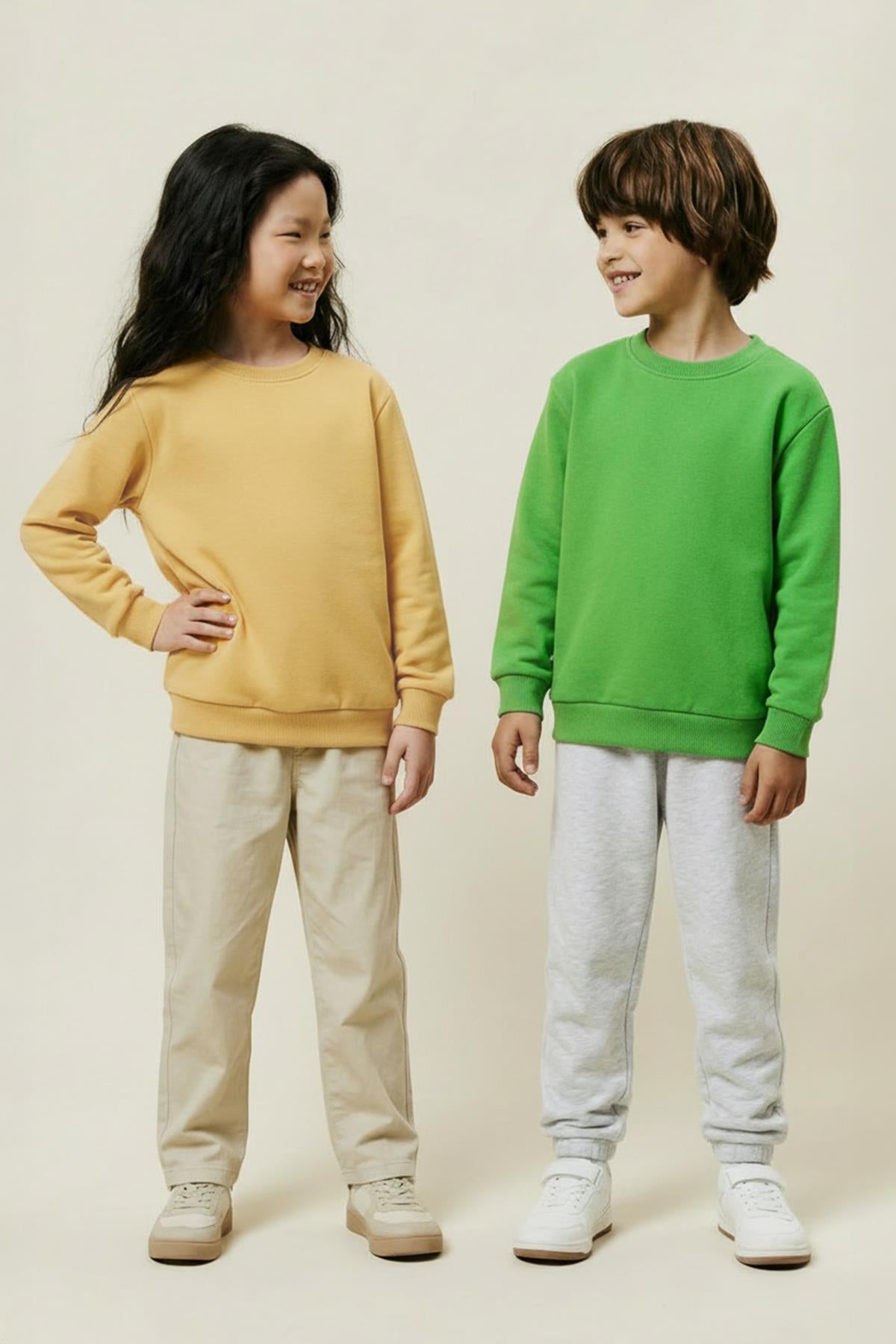 Unisex Çocuk 2'li Basic Bisiklet Yaka Sweatshirt Seti – Sarı & Fıstık Yeşili