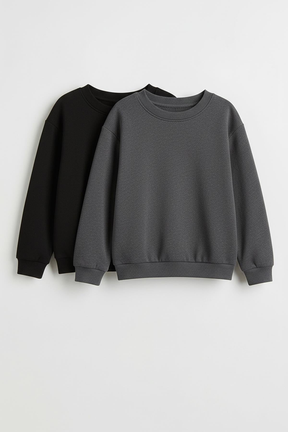 Unisex Çocuk 2'li Basic Bisiklet Yaka Sweatshirt Seti – Siyah & Antrasit