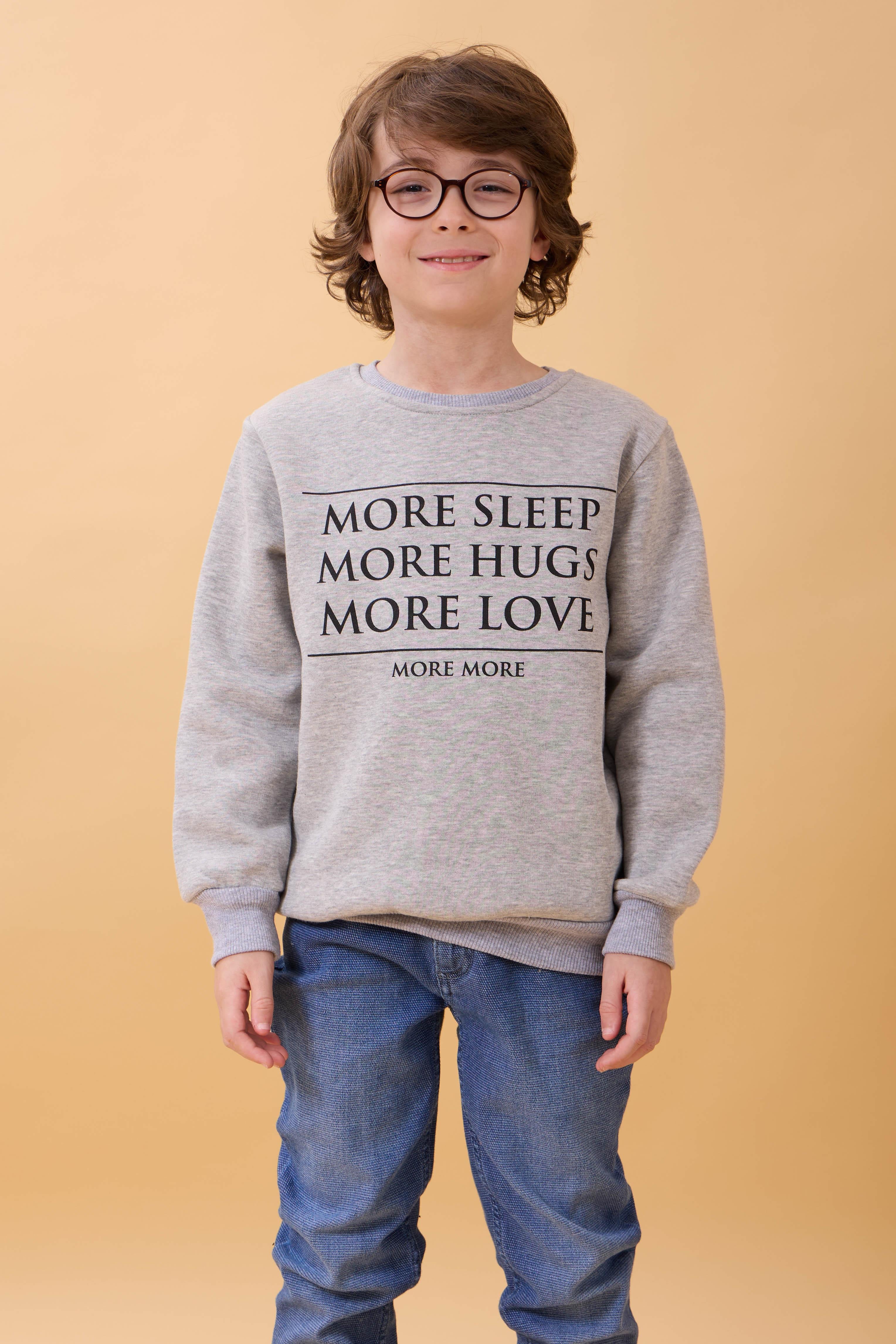 Unisex Çocuk Bisiklet Yaka Baskı Detaylı İçi Polarlı Sweatshirt – Gri Melanj