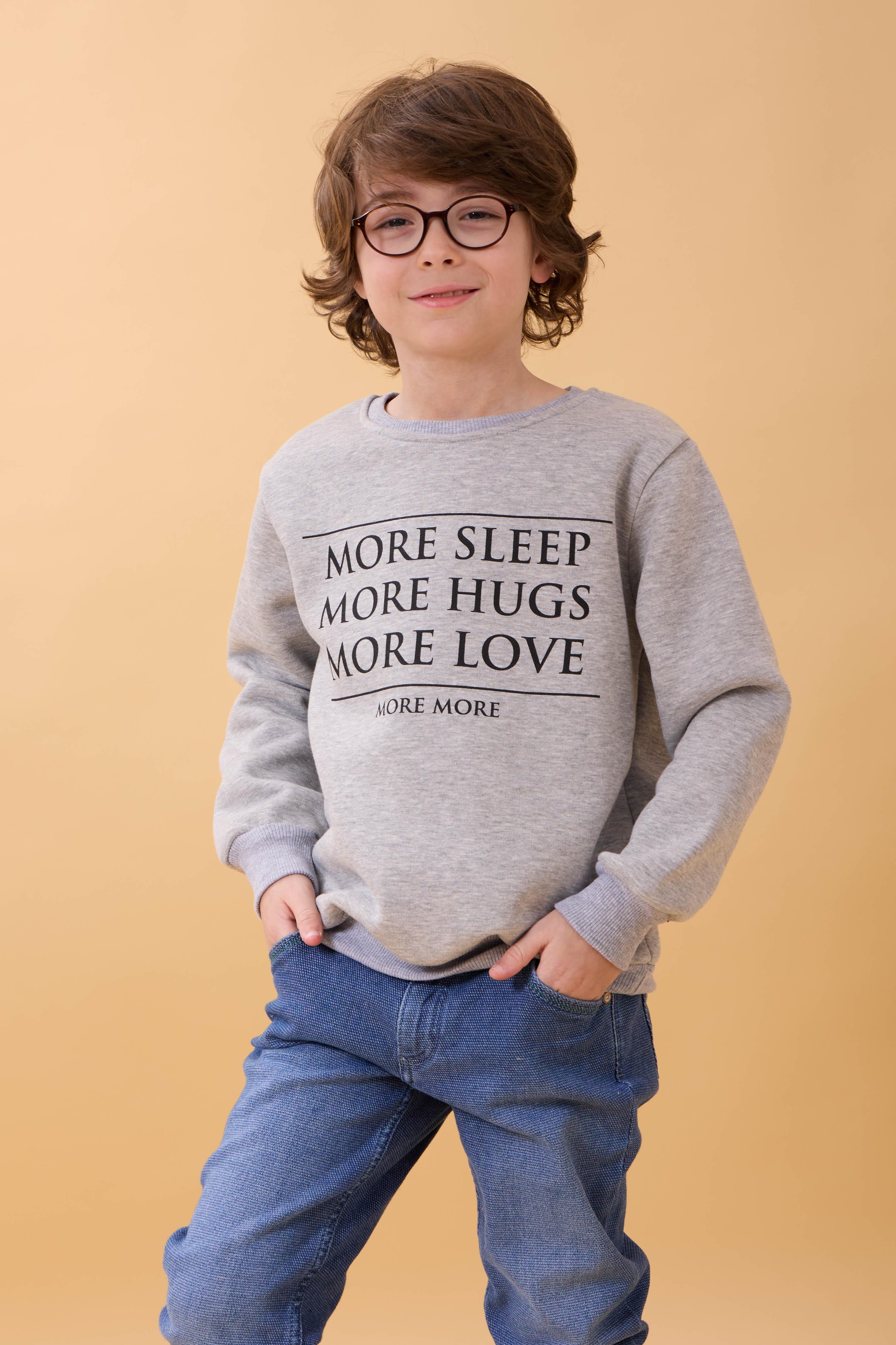 Unisex Çocuk Bisiklet Yaka Baskı Detaylı İçi Polarlı Sweatshirt – Gri Melanj