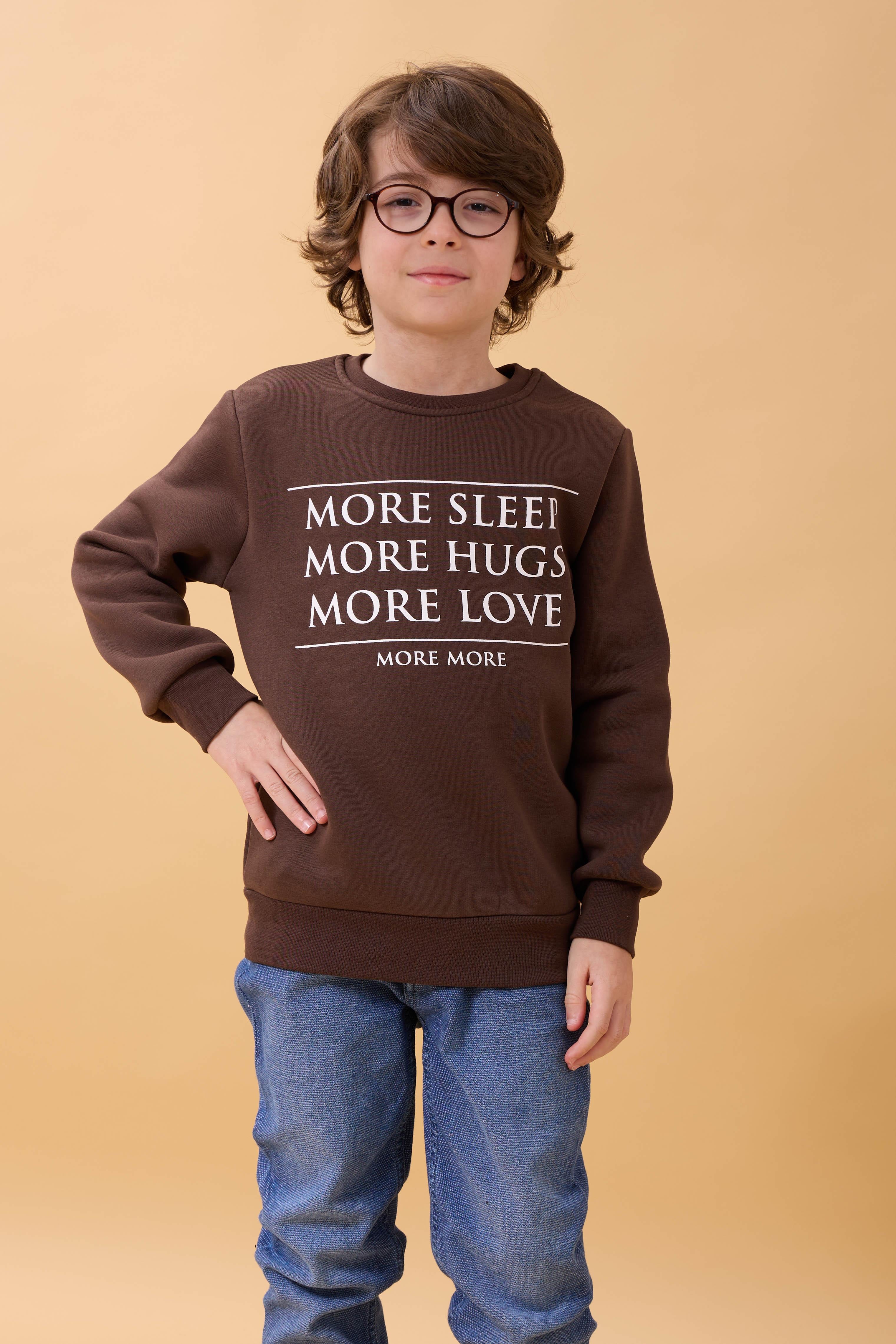 Unisex Çocuk Bisiklet Yaka Baskı Detaylı İçi Polarlı Sweatshirt – Kahverengi