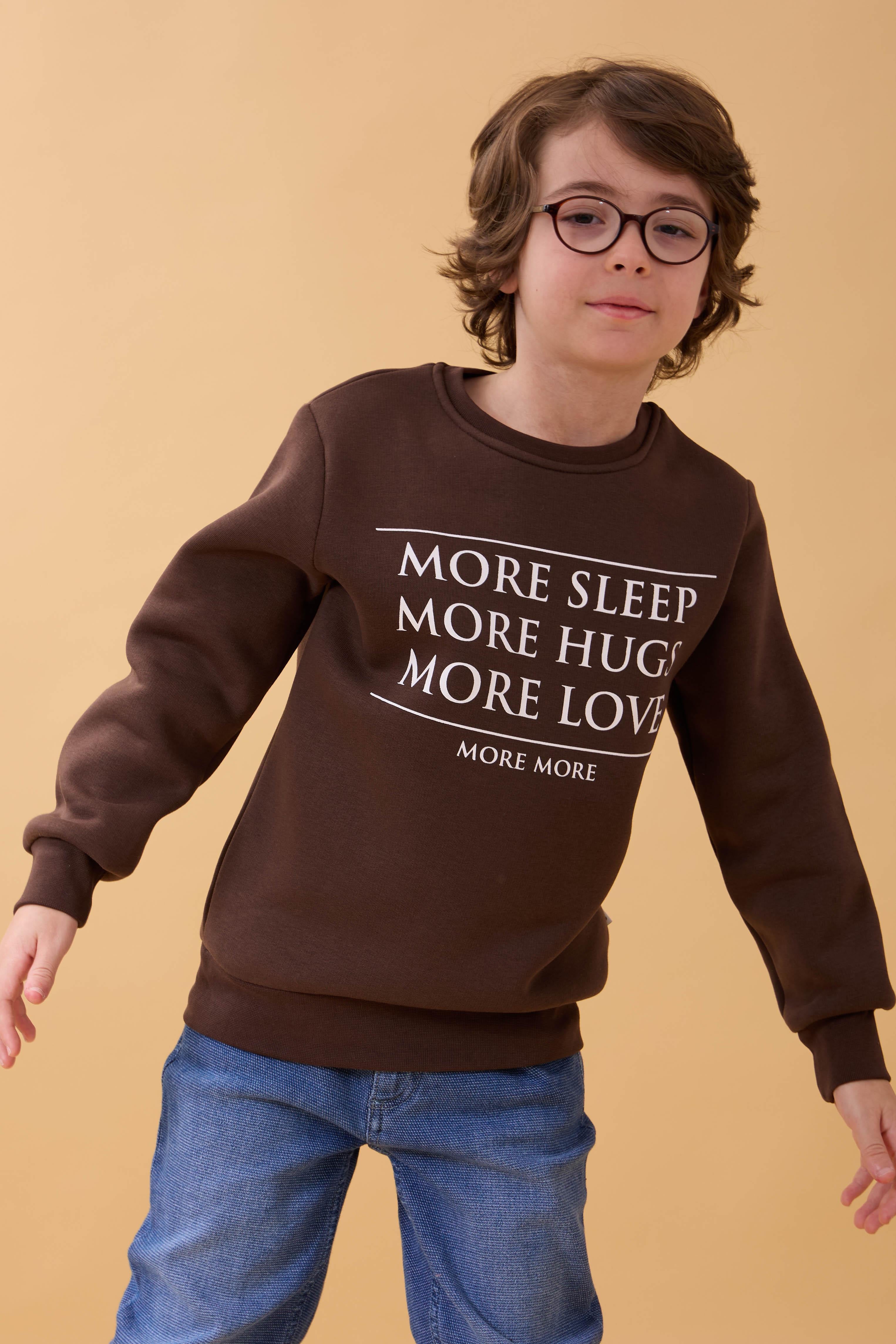 Unisex Çocuk Bisiklet Yaka Baskı Detaylı İçi Polarlı Sweatshirt – Kahverengi