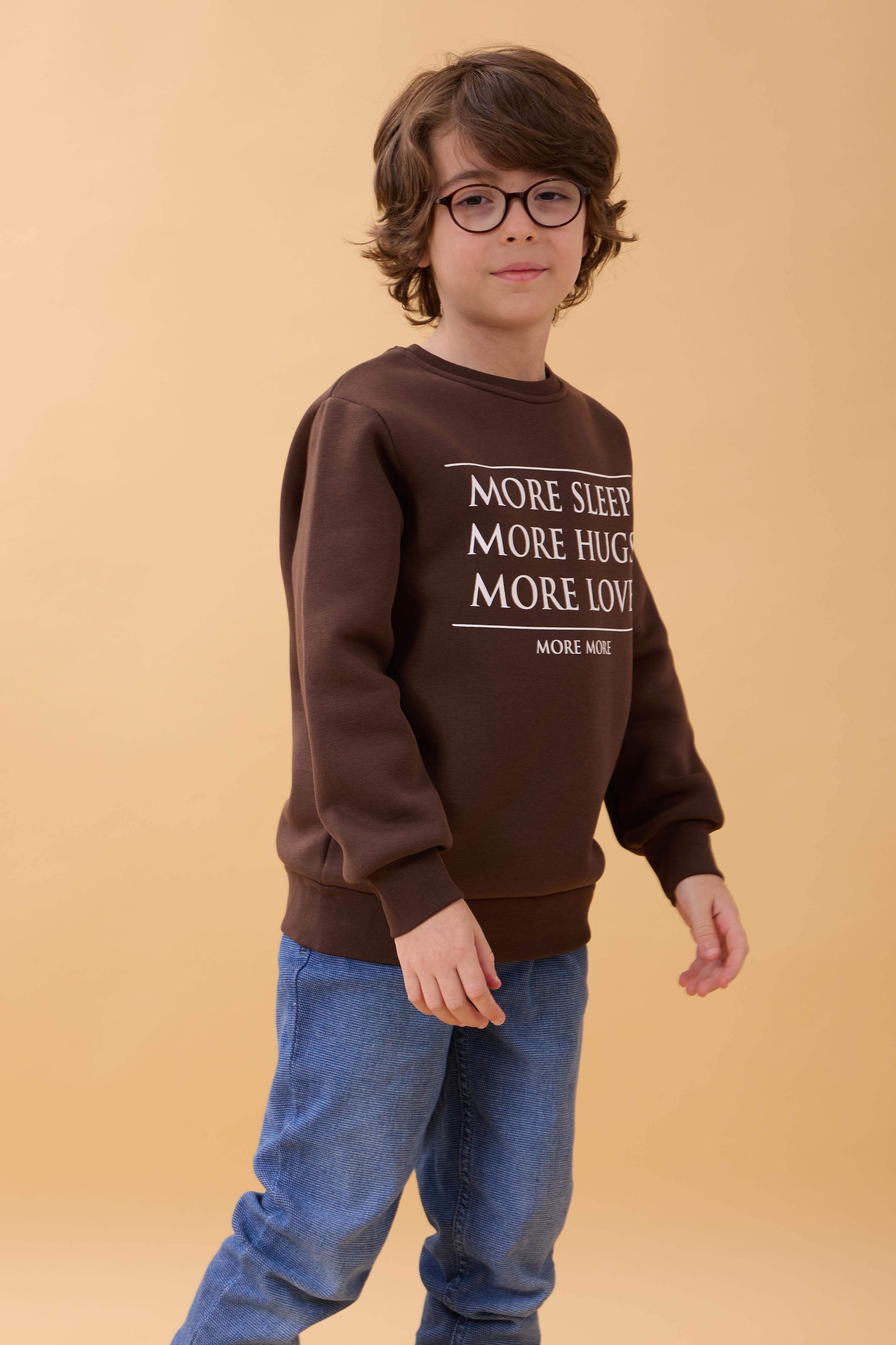 Unisex Çocuk Bisiklet Yaka Baskı Detaylı İçi Polarlı Sweatshirt – Kahverengi