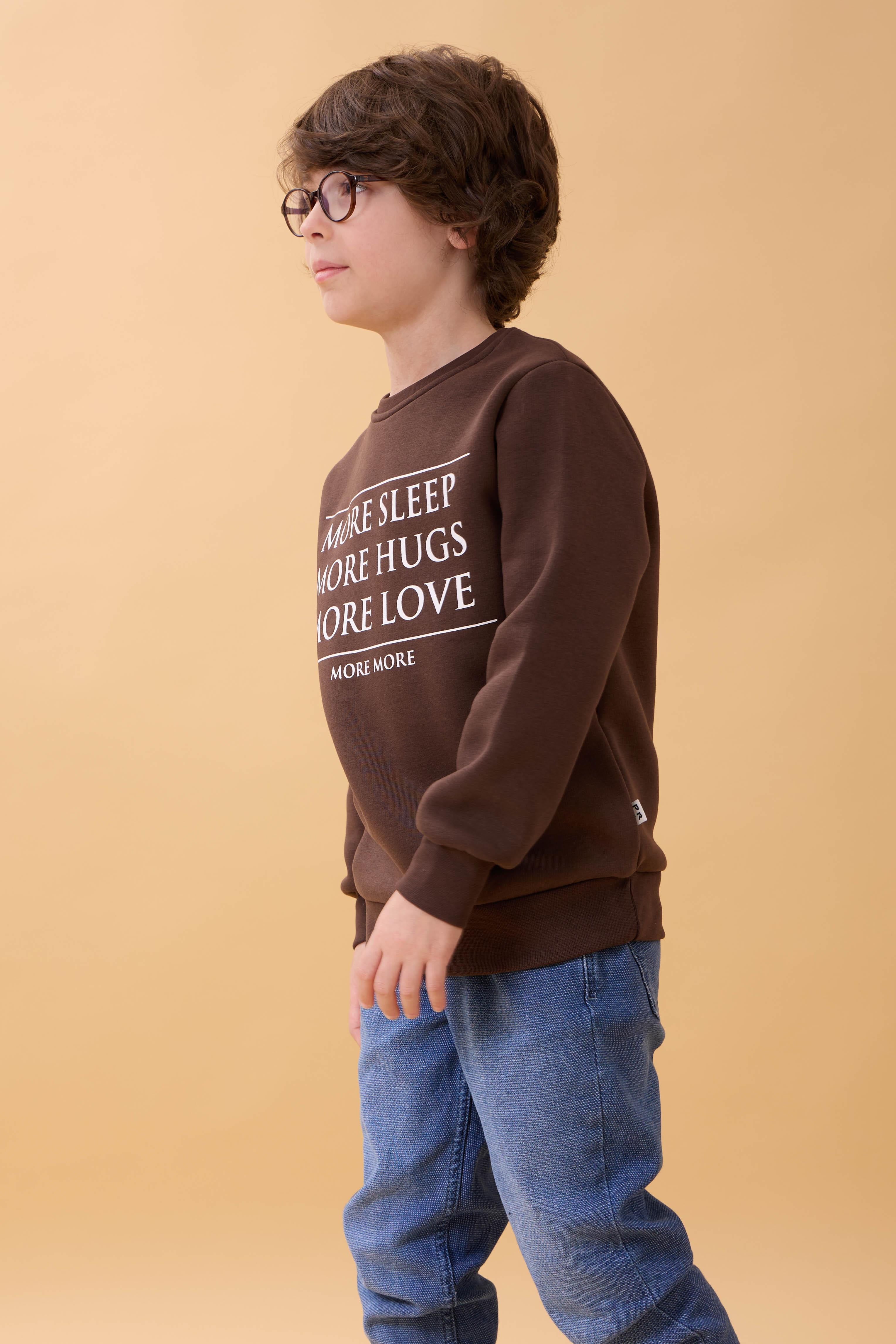 Unisex Çocuk Bisiklet Yaka Baskı Detaylı İçi Polarlı Sweatshirt – Kahverengi