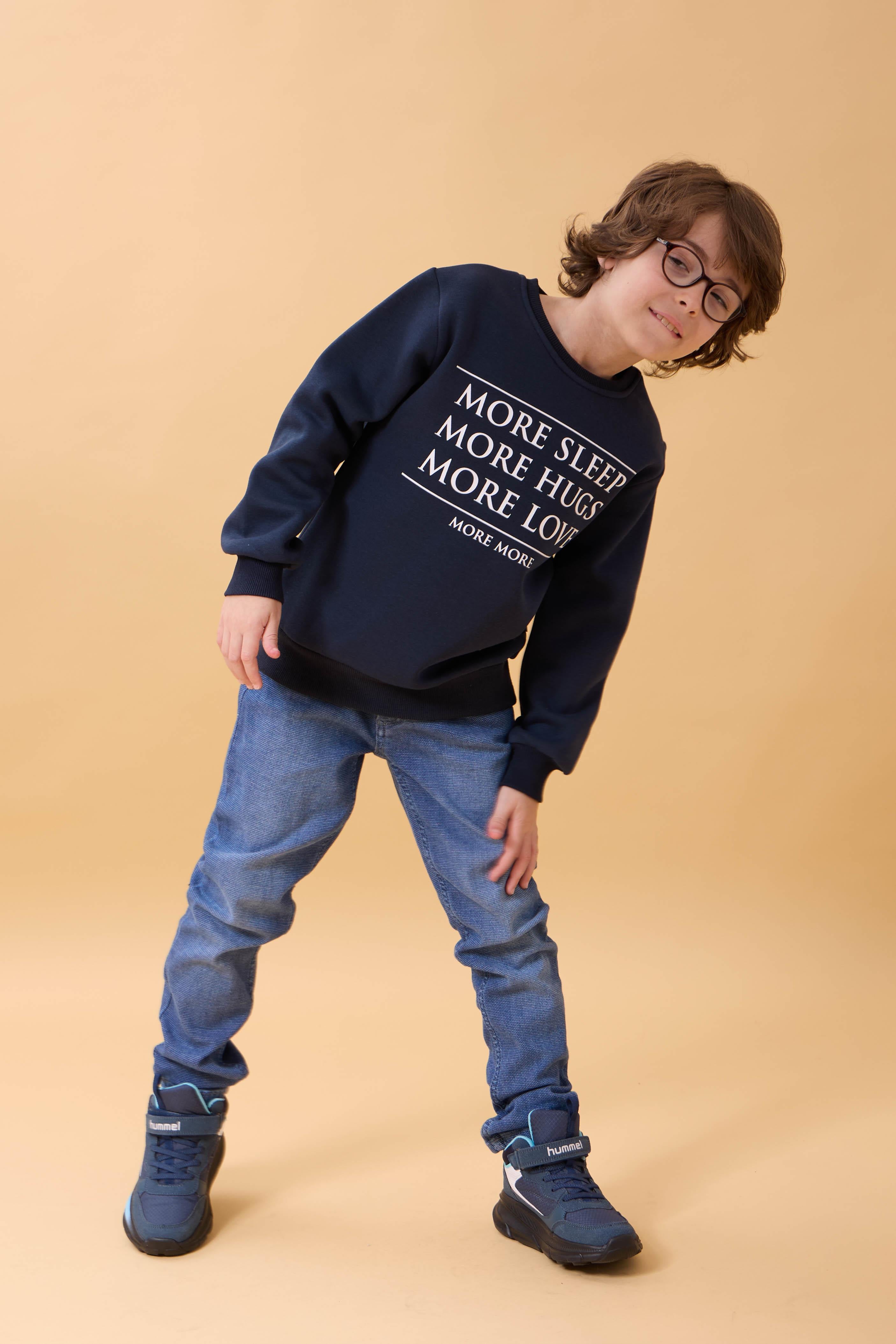 Unisex Çocuk Bisiklet Yaka Baskı Detaylı İçi Polarlı Sweatshirt – Lacivert