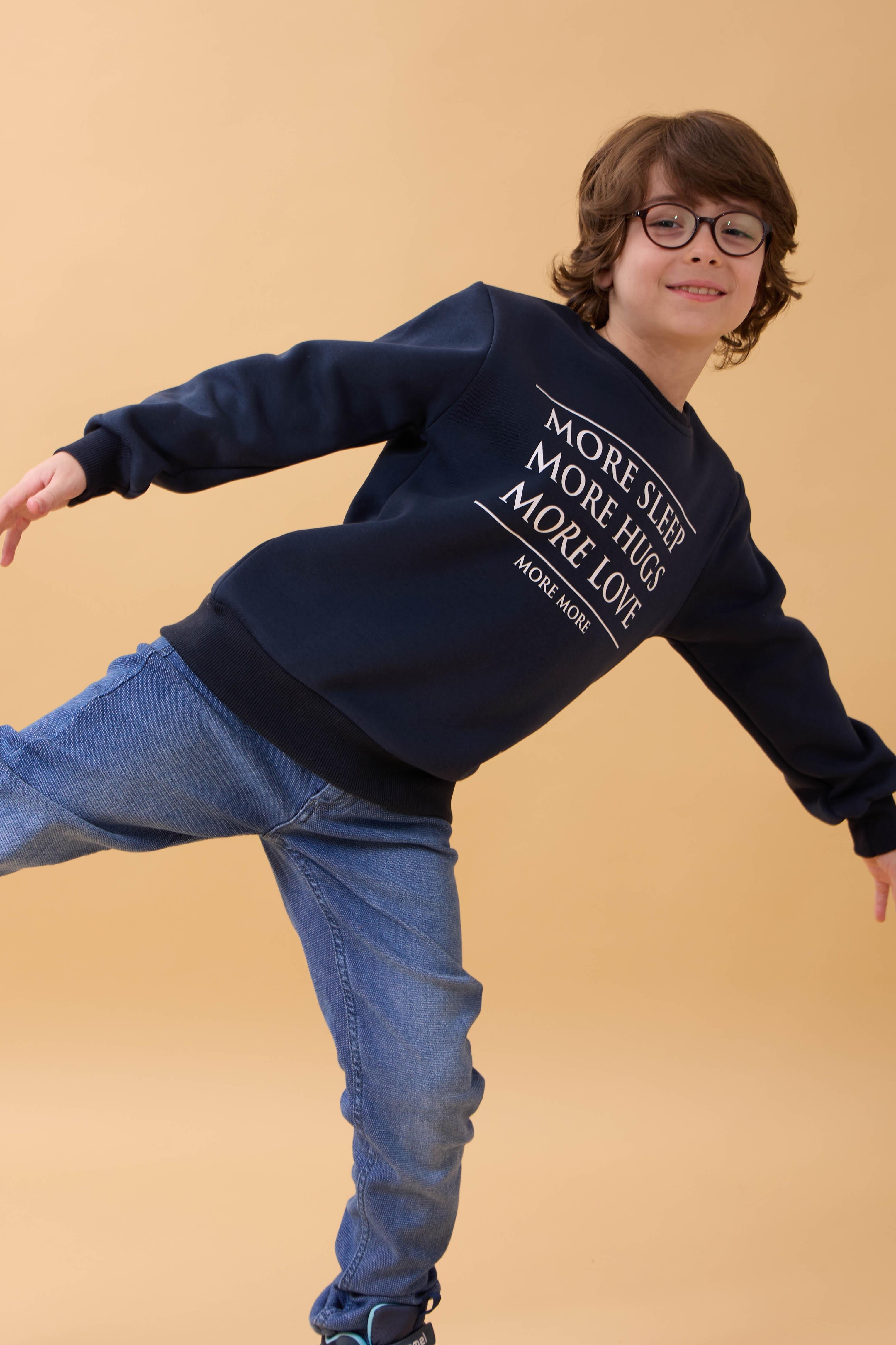 Unisex Çocuk Bisiklet Yaka Baskı Detaylı İçi Polarlı Sweatshirt – Lacivert