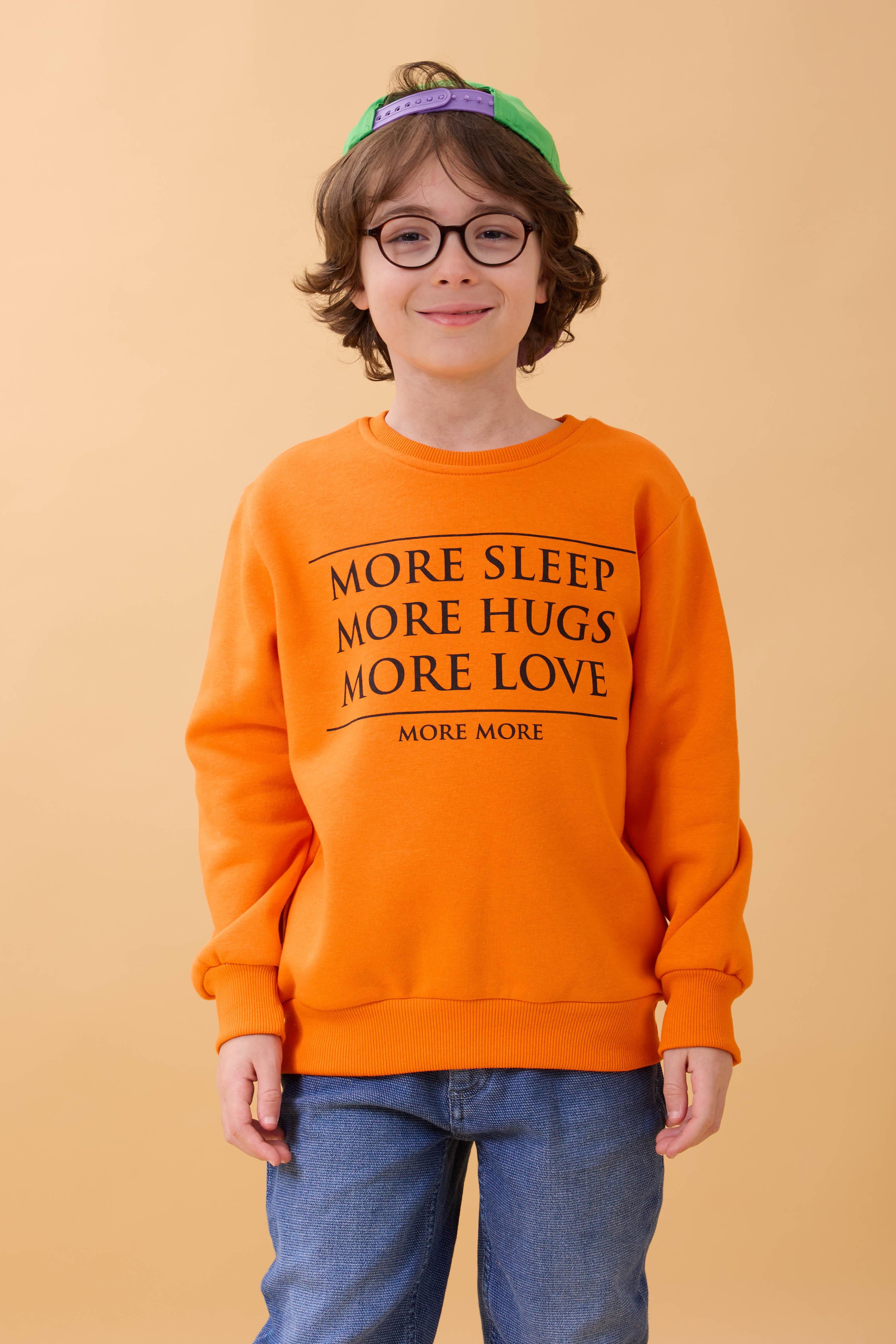 Unisex Çocuk Bisiklet Yaka Baskı Detaylı İçi Polarlı Sweatshirt – Turuncu