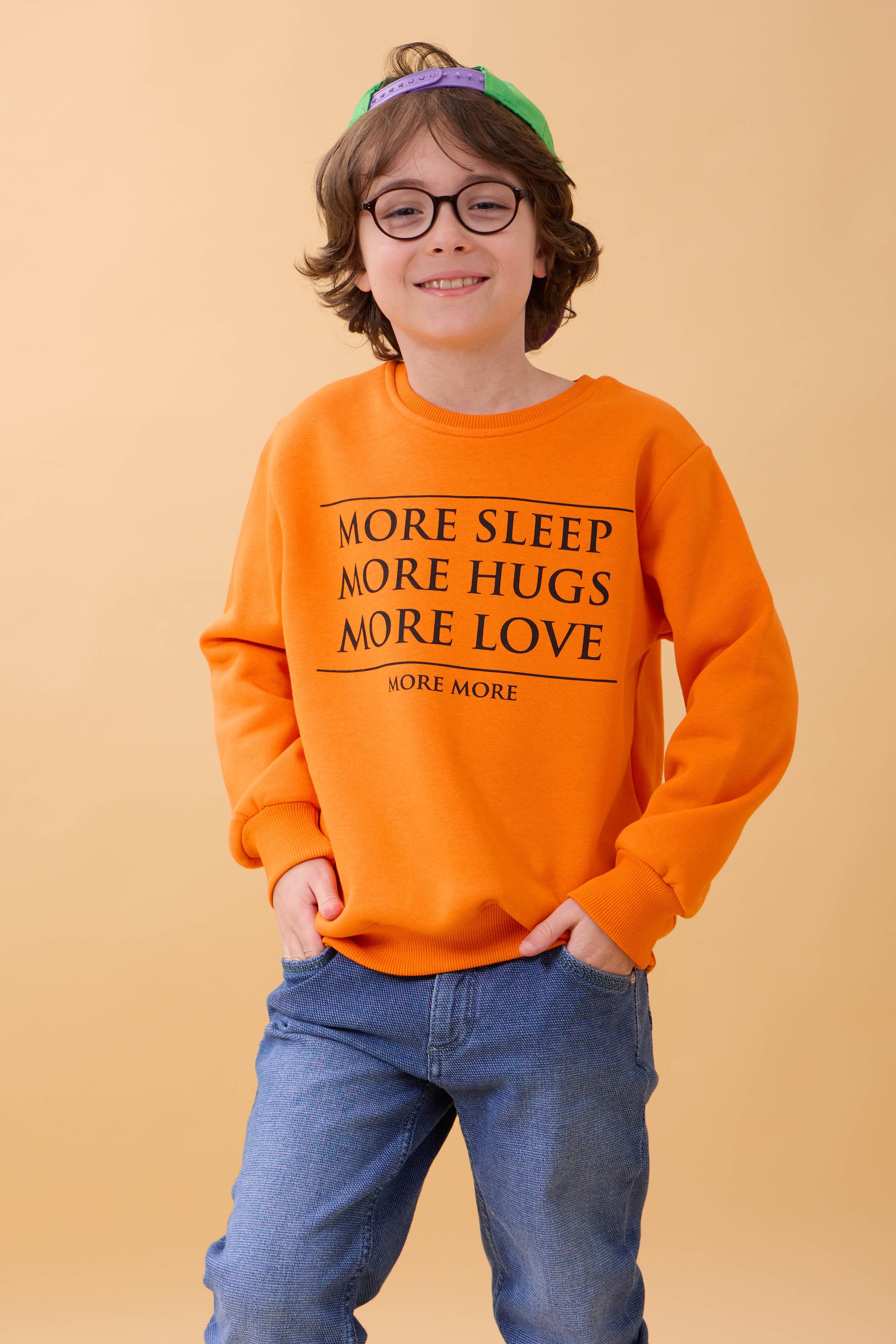 Unisex Çocuk Bisiklet Yaka Baskı Detaylı İçi Polarlı Sweatshirt – Turuncu