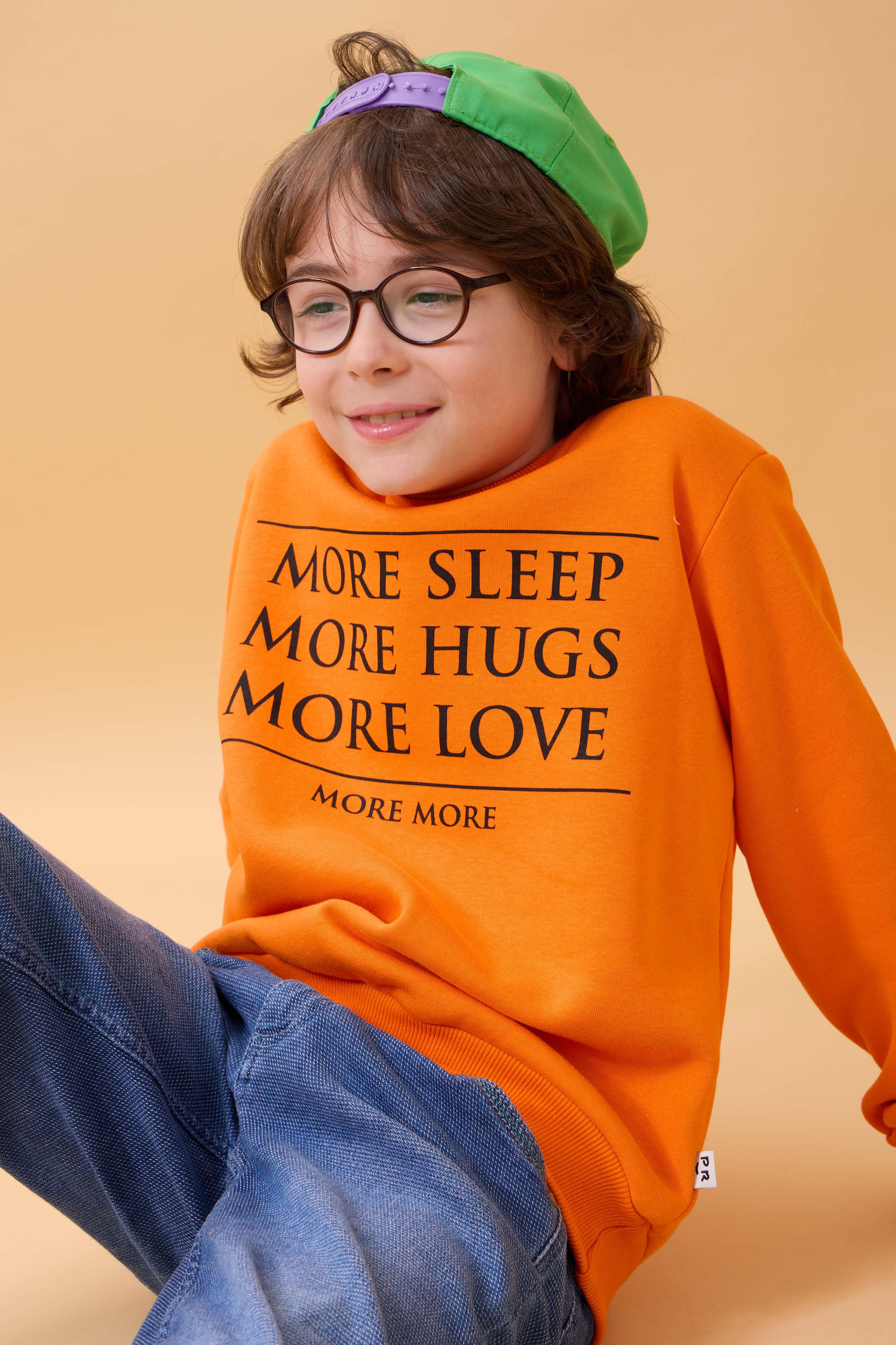 Unisex Çocuk Bisiklet Yaka Baskı Detaylı İçi Polarlı Sweatshirt – Turuncu