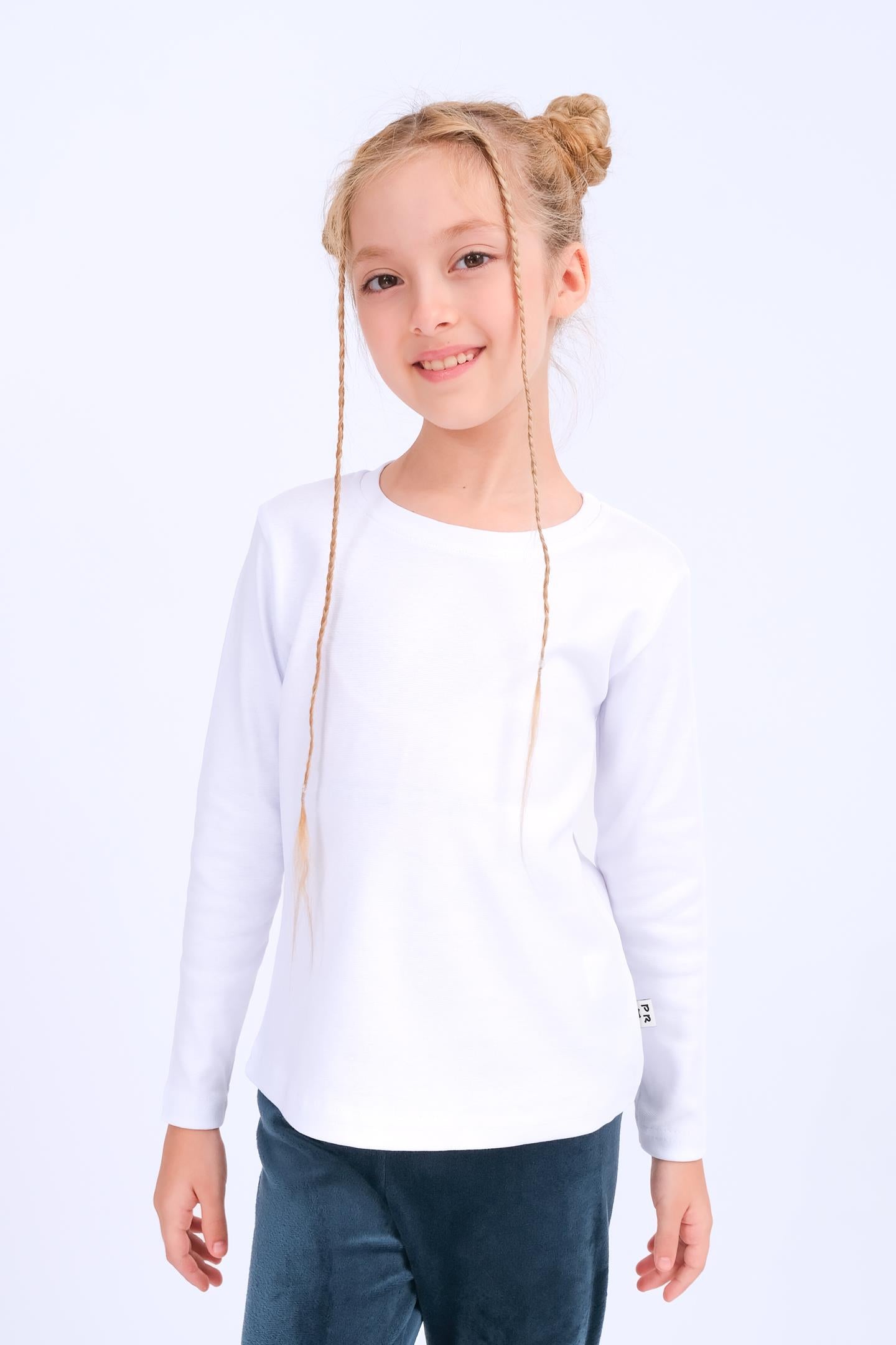 Unisex Çocuk Bisiklet Yaka Uzun Kollu Basic Body - Beyaz