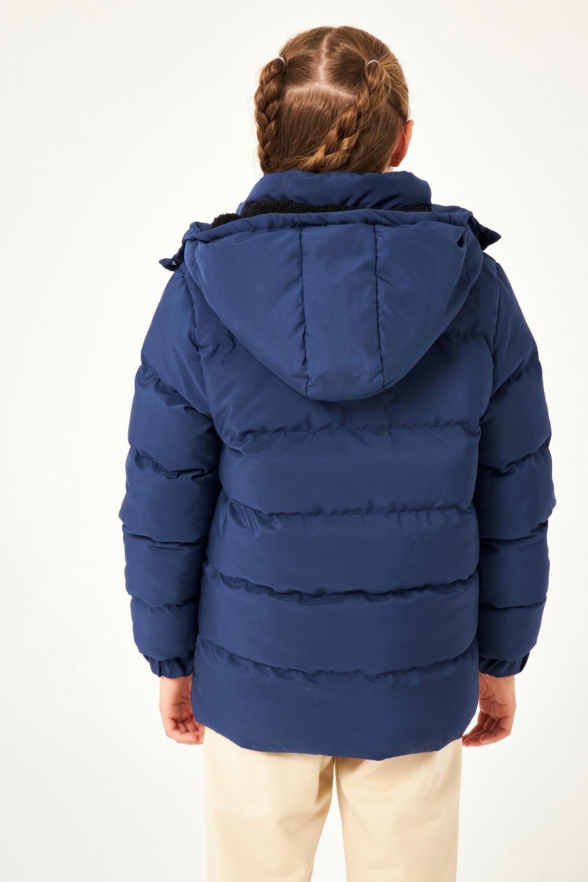 Cep Detaylı Kapüşonlu Unisex Çocuk Mont İndigo - Perendi