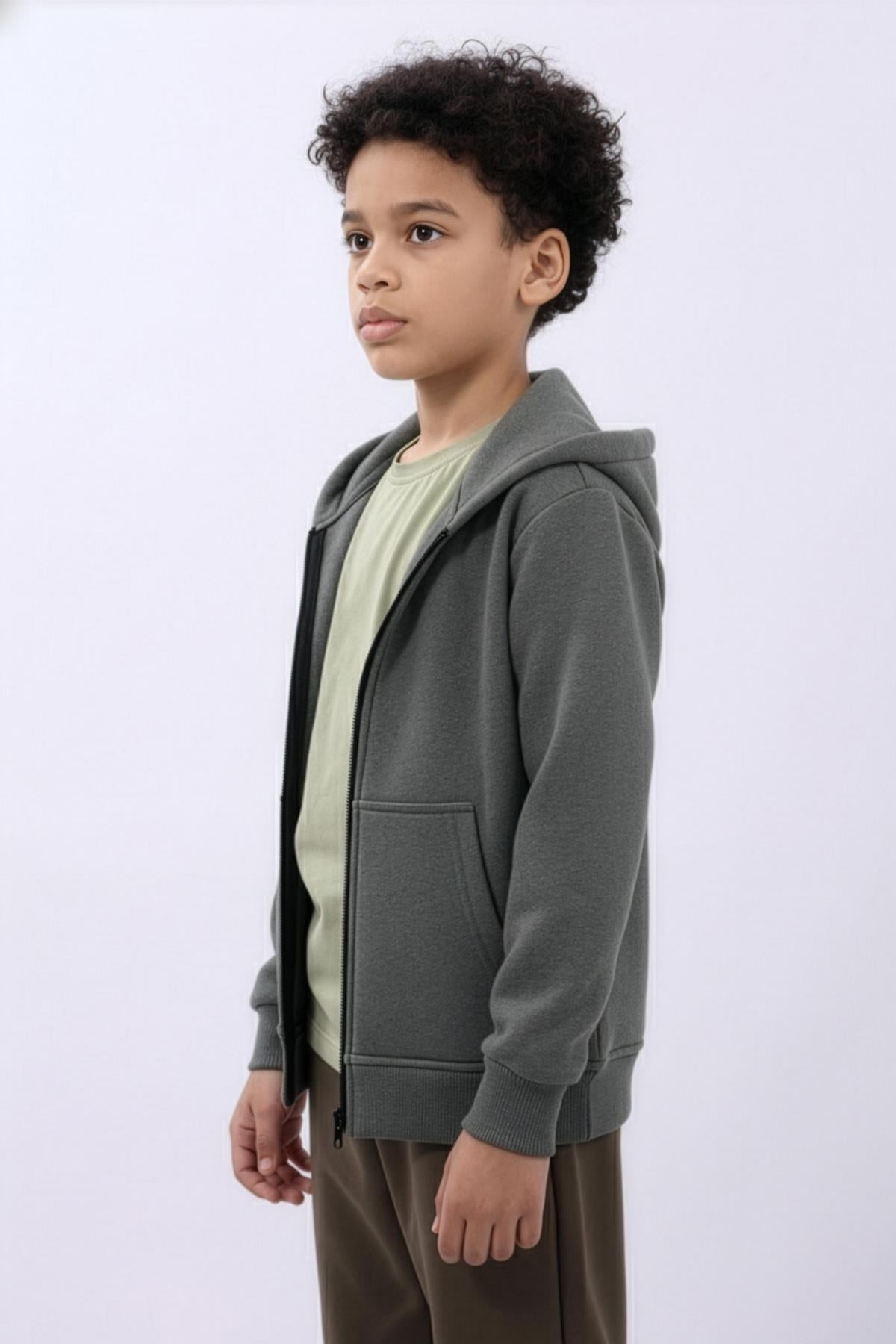 Unisex Çocuk Kapüşonlu Fermuarlı Hırka – Antrasit Rahat ve Şık Günlük Üst