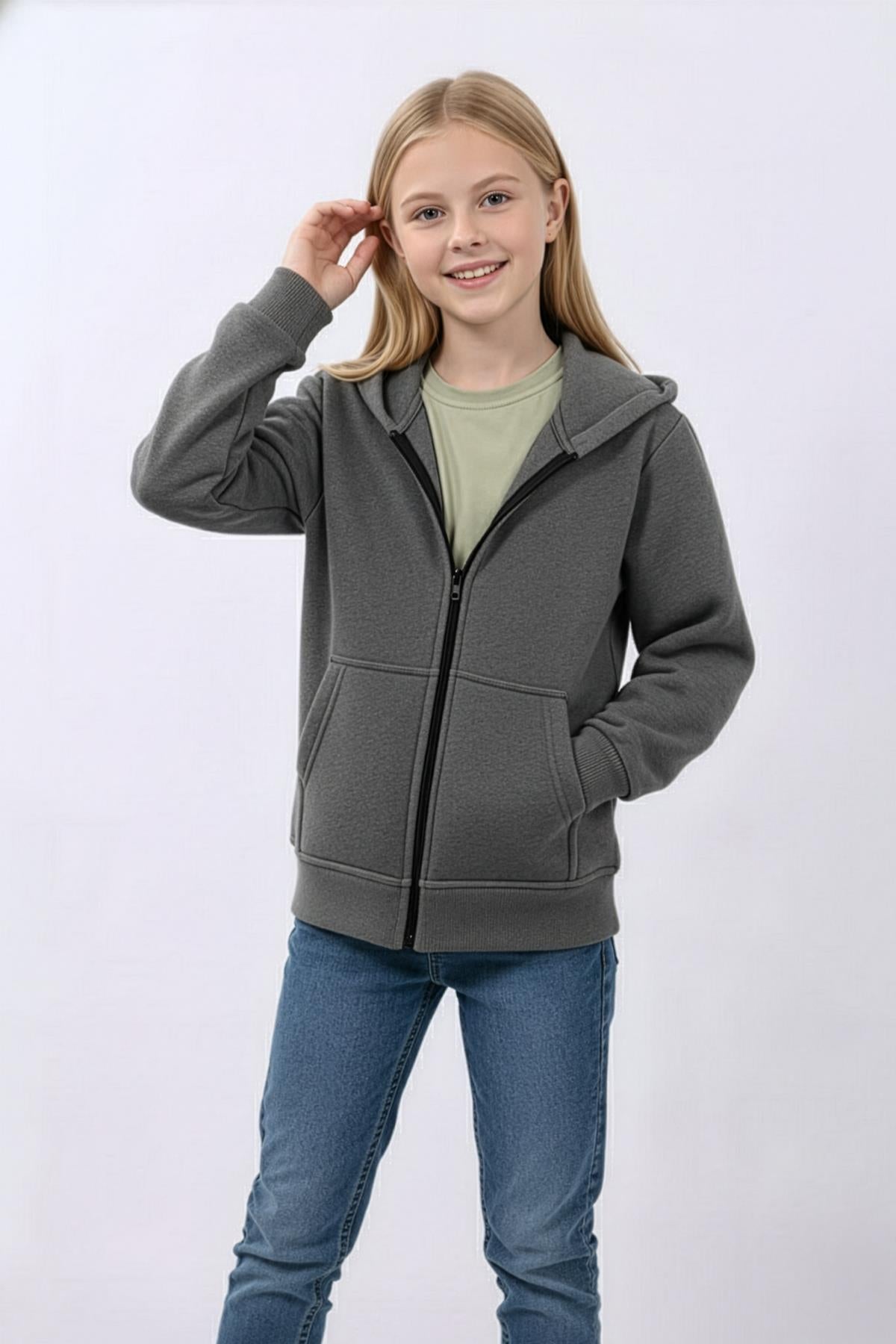 Unisex Çocuk Kapüşonlu Fermuarlı Hırka – Antrasit Rahat ve Şık Günlük Üst