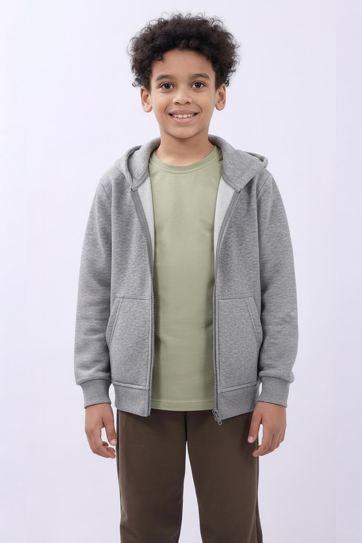 Unisex Çocuk Kapüşonlu Fermuarlı Hırka – Gri Melanj Rahat ve Şık Günlük Üst