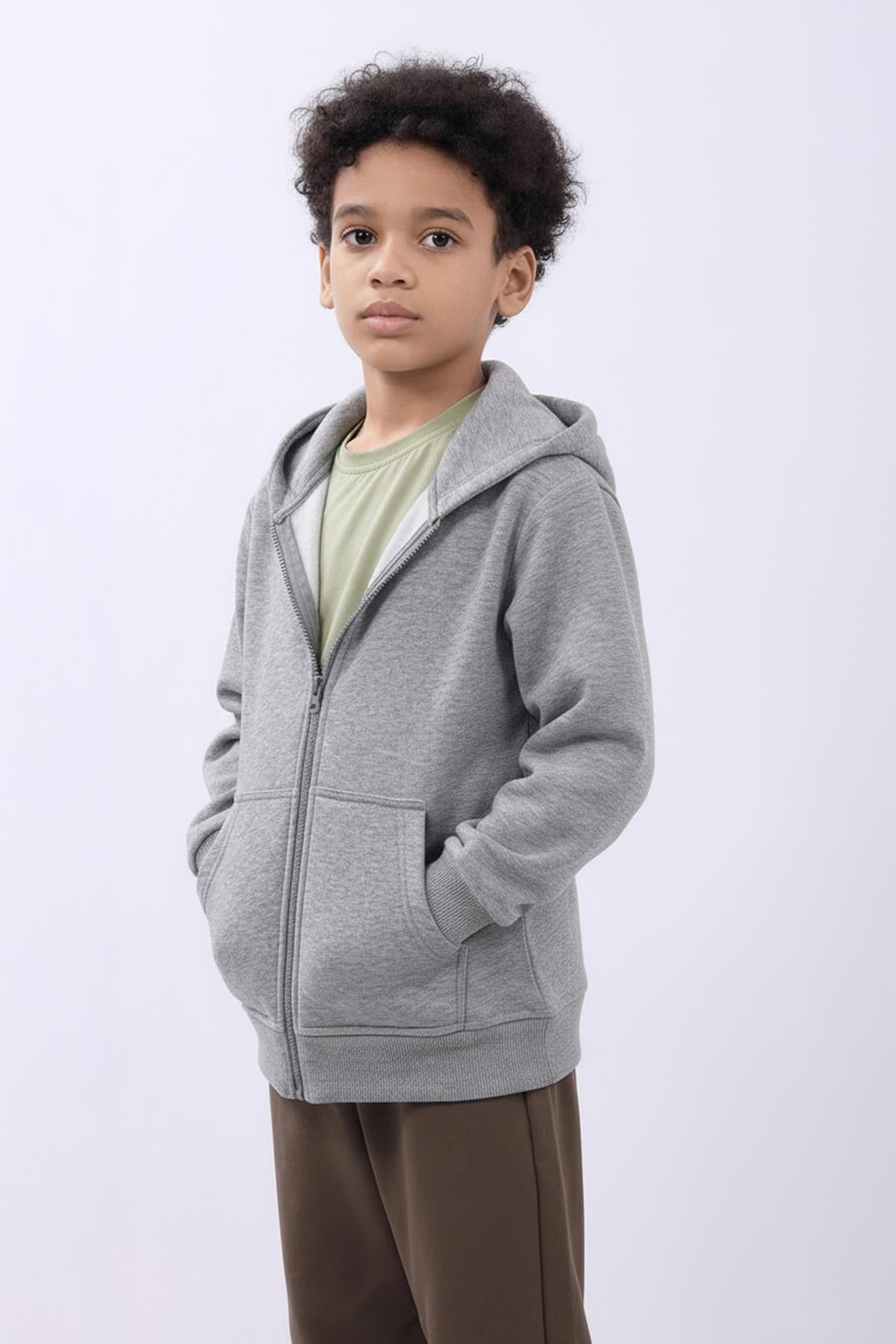 Unisex Çocuk Kapüşonlu Fermuarlı Hırka – Gri Melanj Rahat ve Şık Günlük Üst