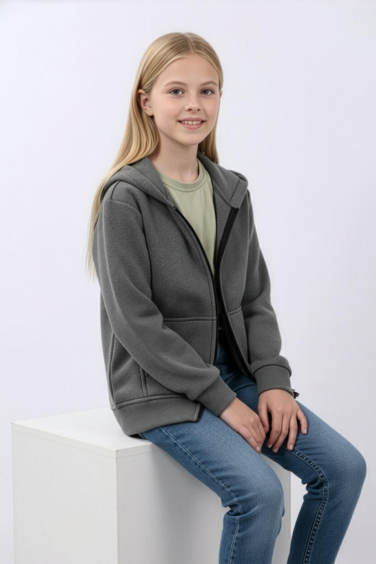 Unisex Çocuk Kapüşonlu Fermuarlı Hırka