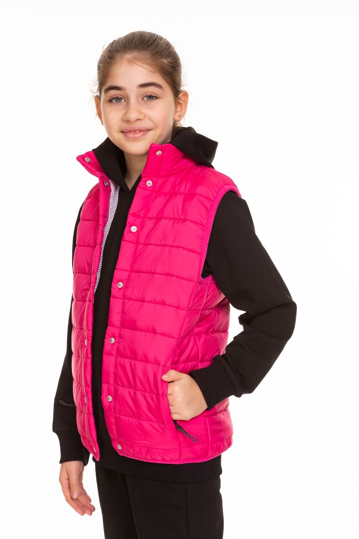 Unisex Kapitone File Astarlı Çıtçıtlı Yelek Pembe - Perendi