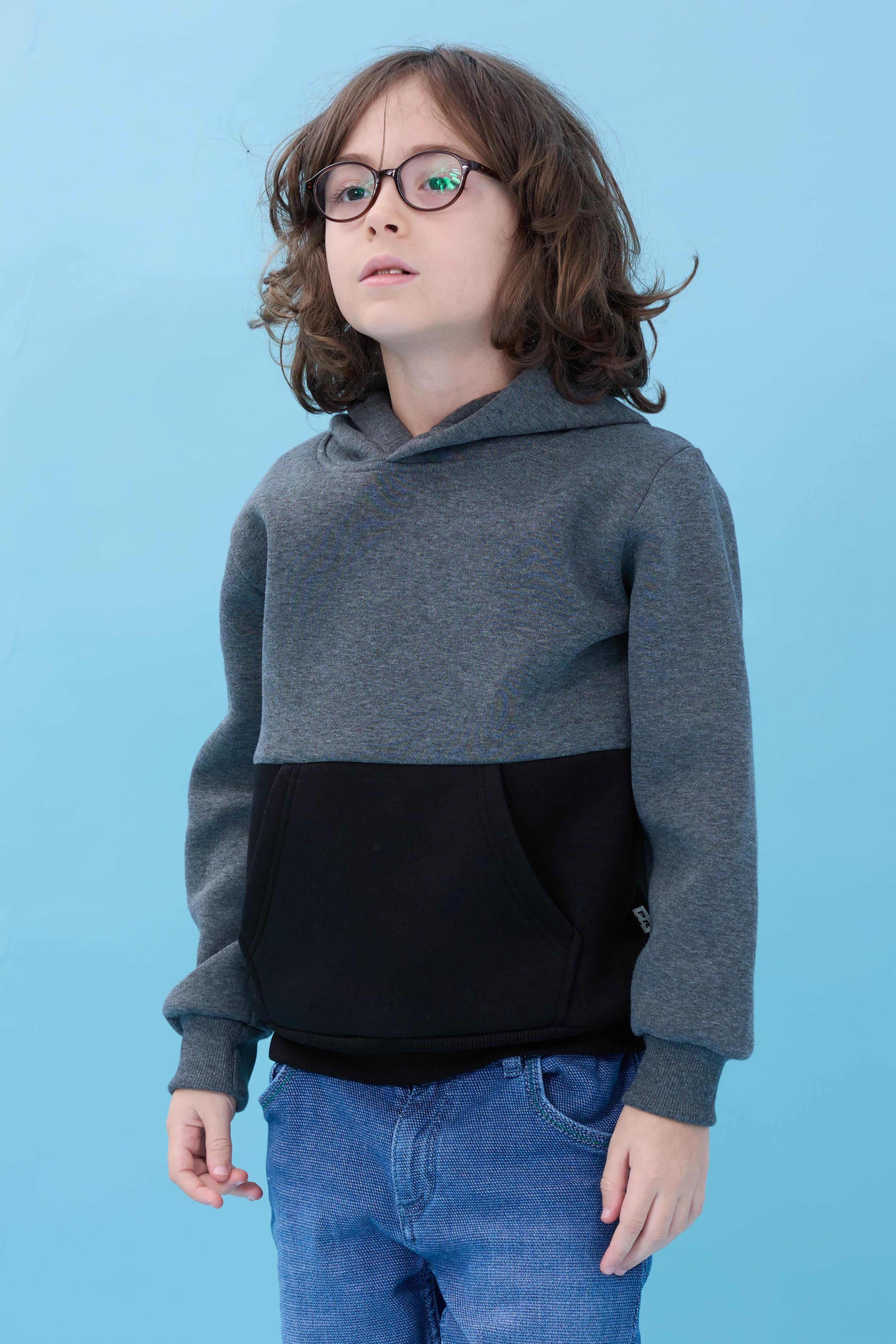Unisex Kapüşonlu Kanguru Cepli Renk Bloklu Şardonlu Kışlık Sweatshirt - Antrasit/Siyah
