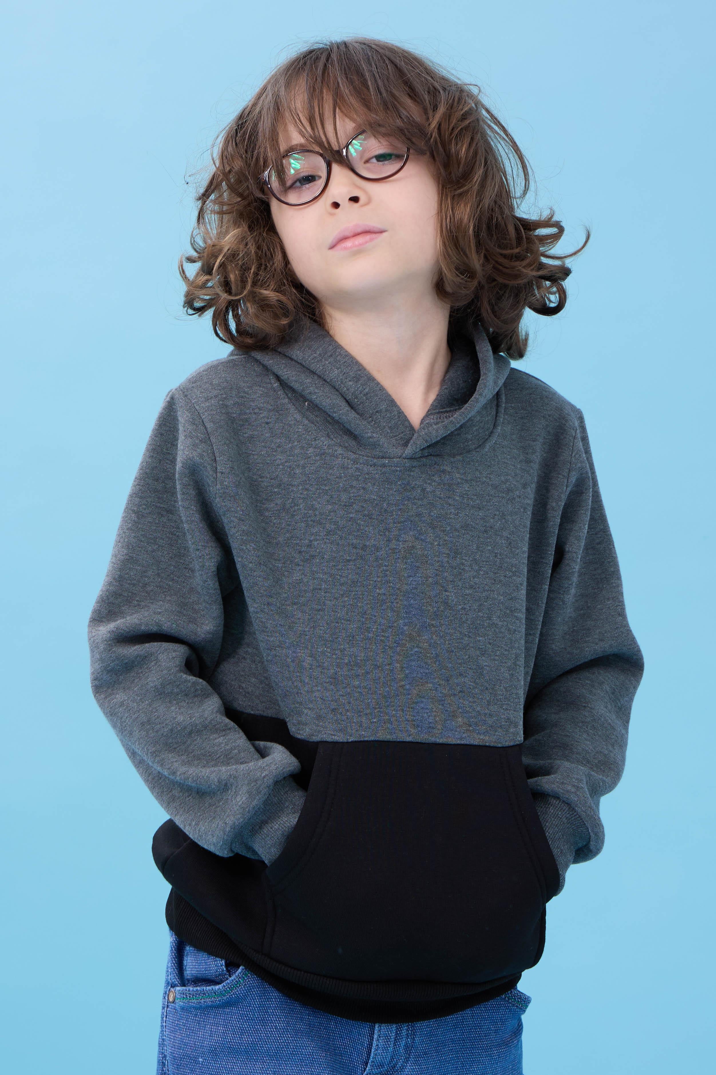 Unisex Kapüşonlu Kanguru Cepli Renk Bloklu Şardonlu Kışlık Sweatshirt - Antrasit/Siyah