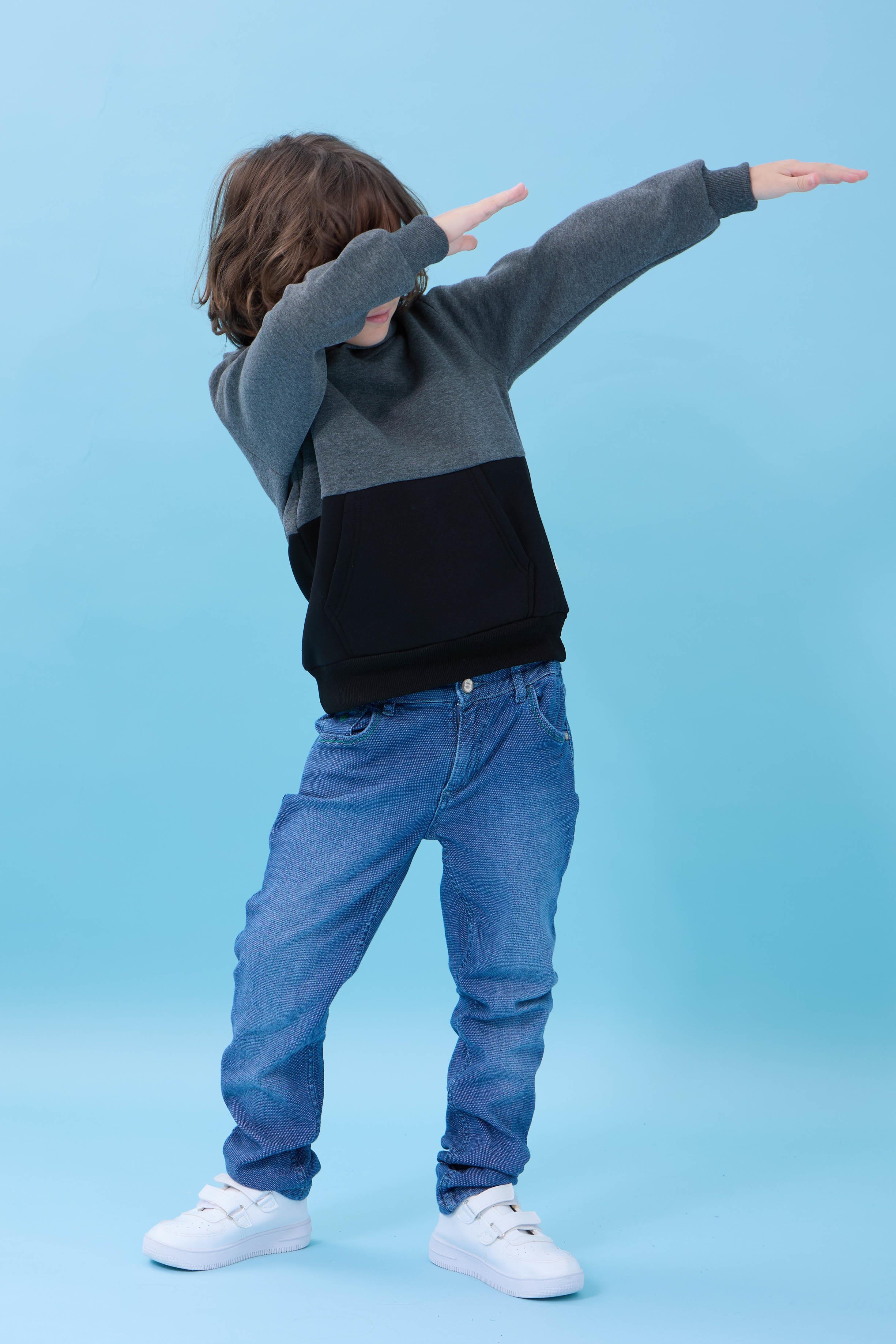 Unisex Kapüşonlu Kanguru Cepli Renk Bloklu Şardonlu Kışlık Sweatshirt - Antrasit/Siyah