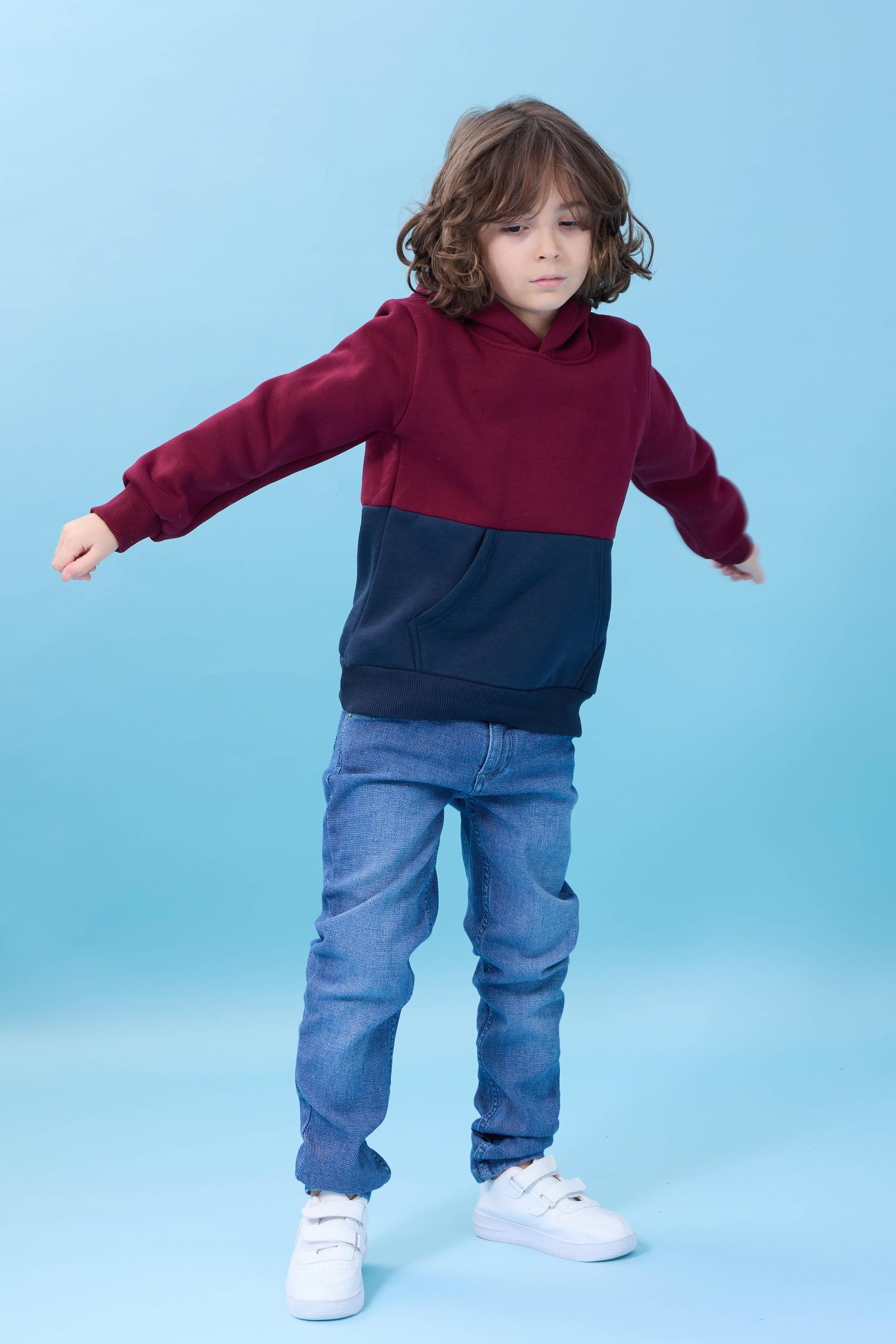 Unisex Kapüşonlu Kanguru Cepli Renk Bloklu Şardonlu Kışlık Sweatshirt - Bordo/Lacivert