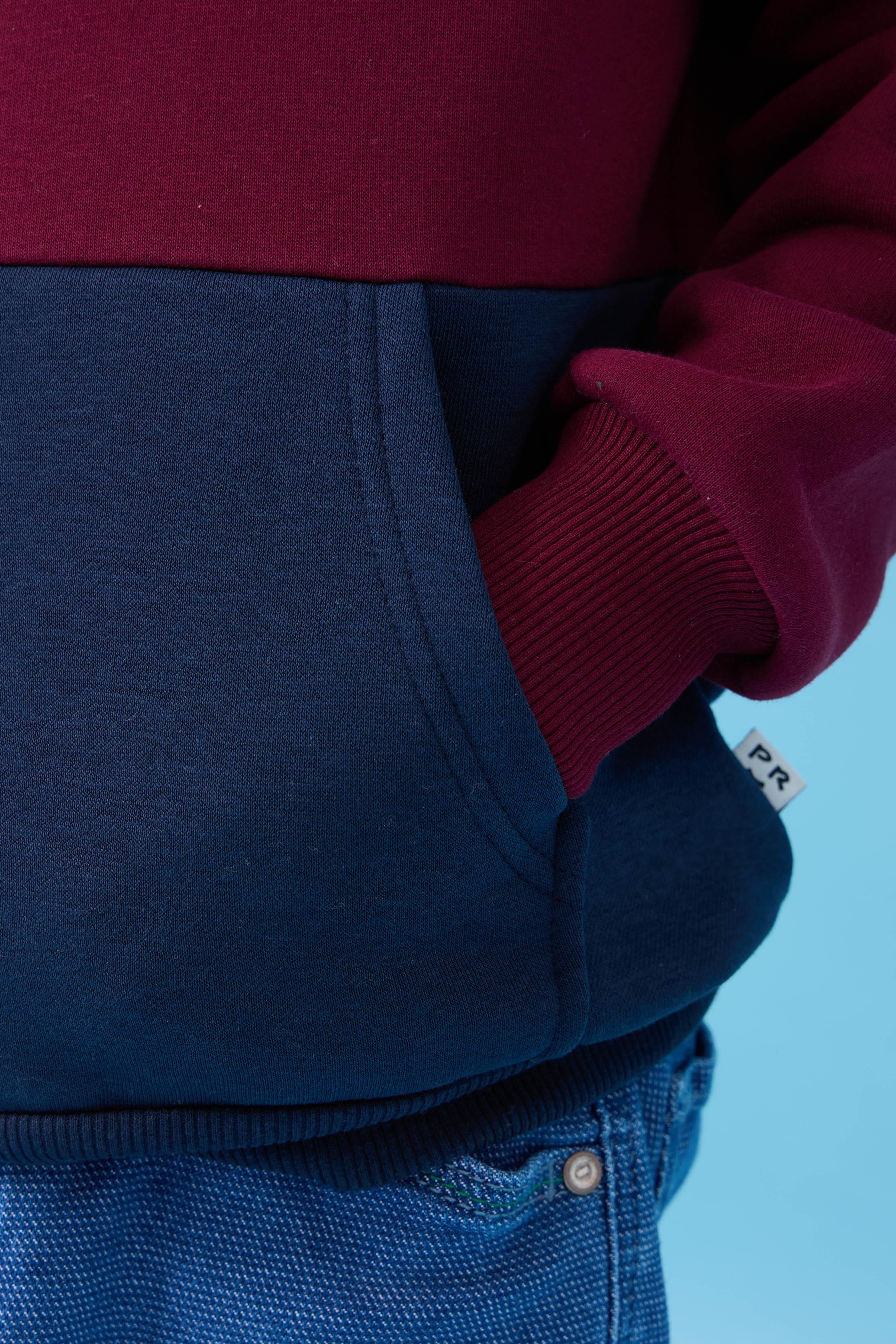 Unisex Kapüşonlu Kanguru Cepli Renk Bloklu Şardonlu Kışlık Sweatshirt - Bordo/Lacivert