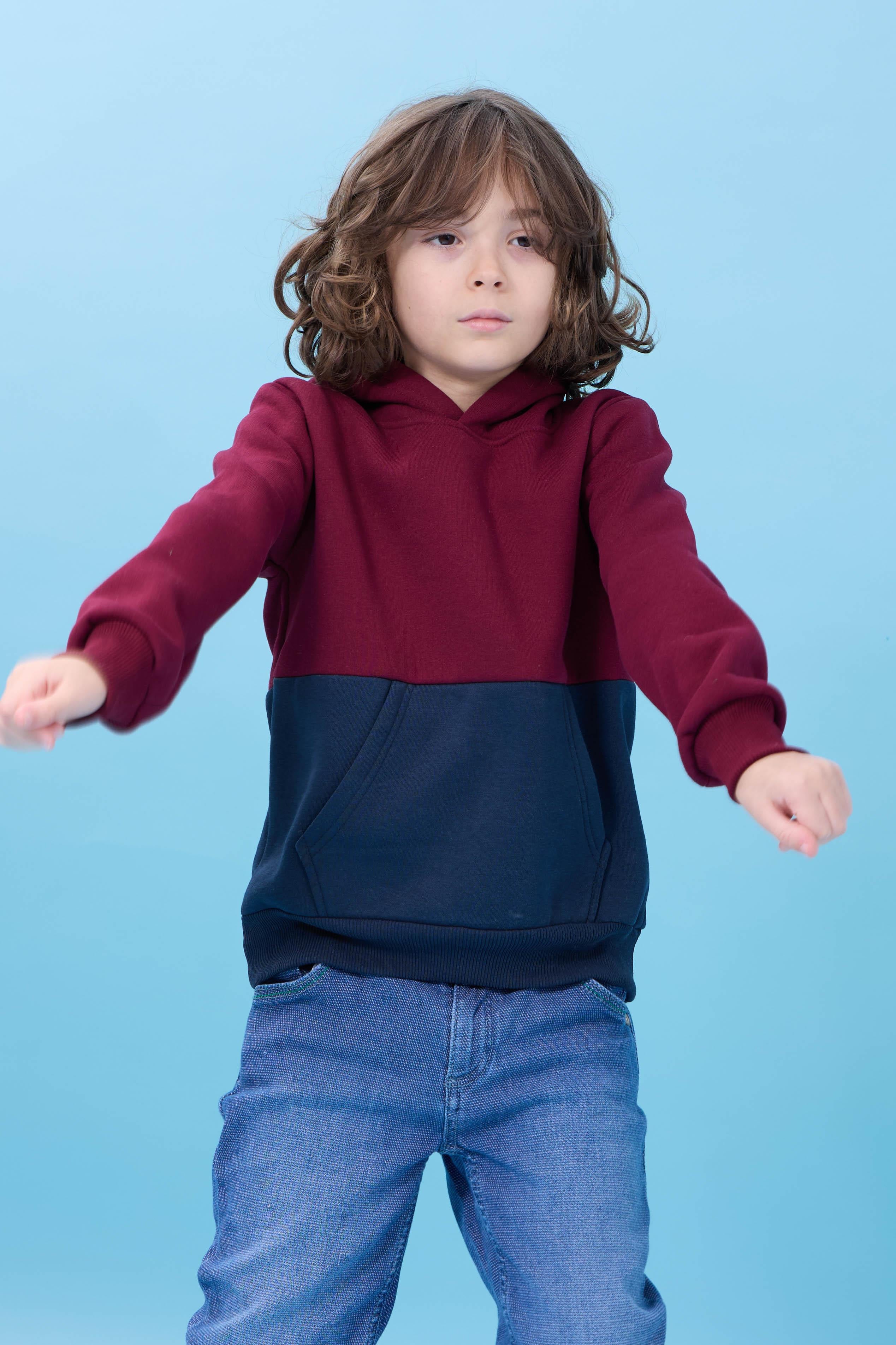Unisex Kapüşonlu Kanguru Cepli Renk Bloklu Şardonlu Kışlık Sweatshirt - Bordo/Lacivert