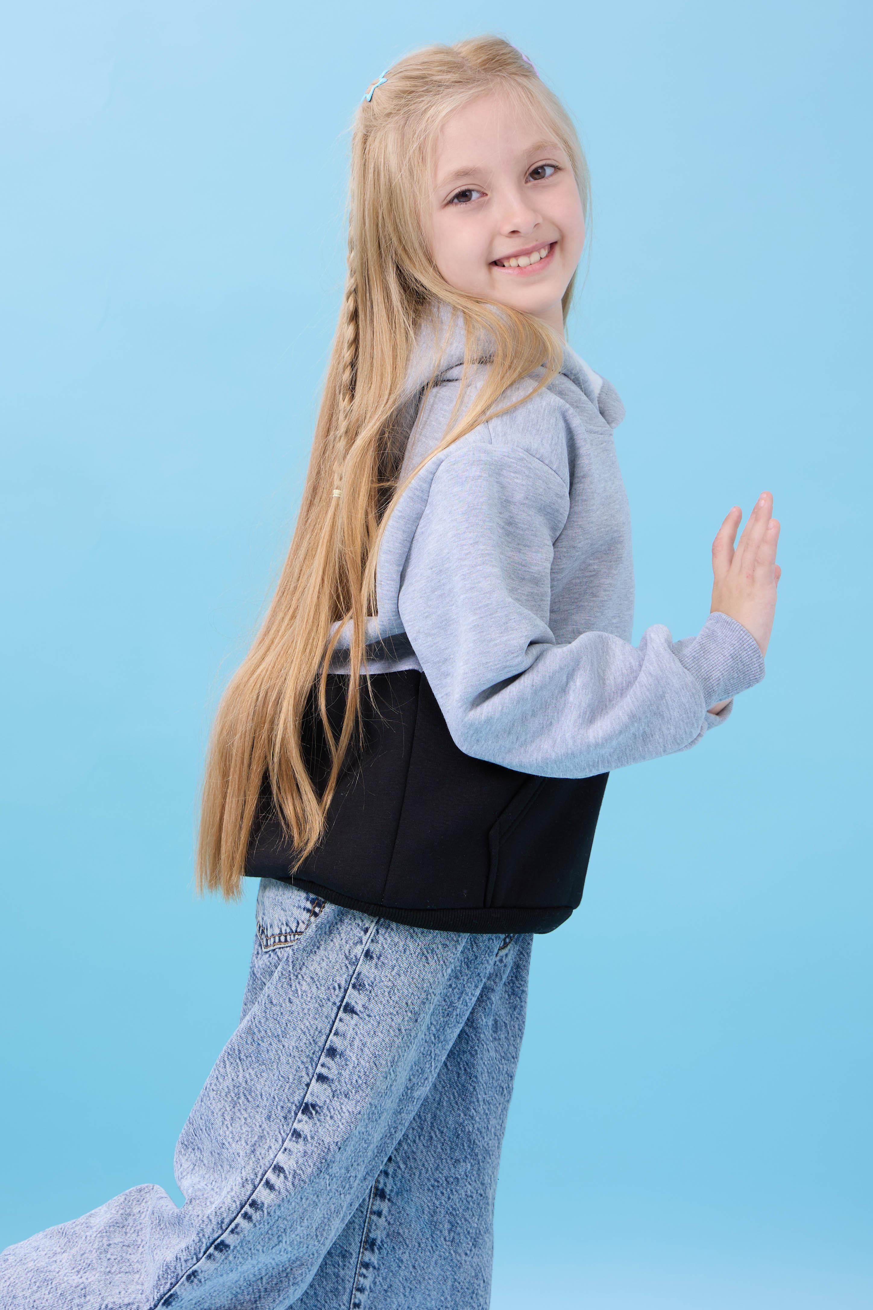 Unisex Kapüşonlu Kanguru Cepli Renk Bloklu Şardonlu Kışlık Sweatshirt - Gri/Siyah