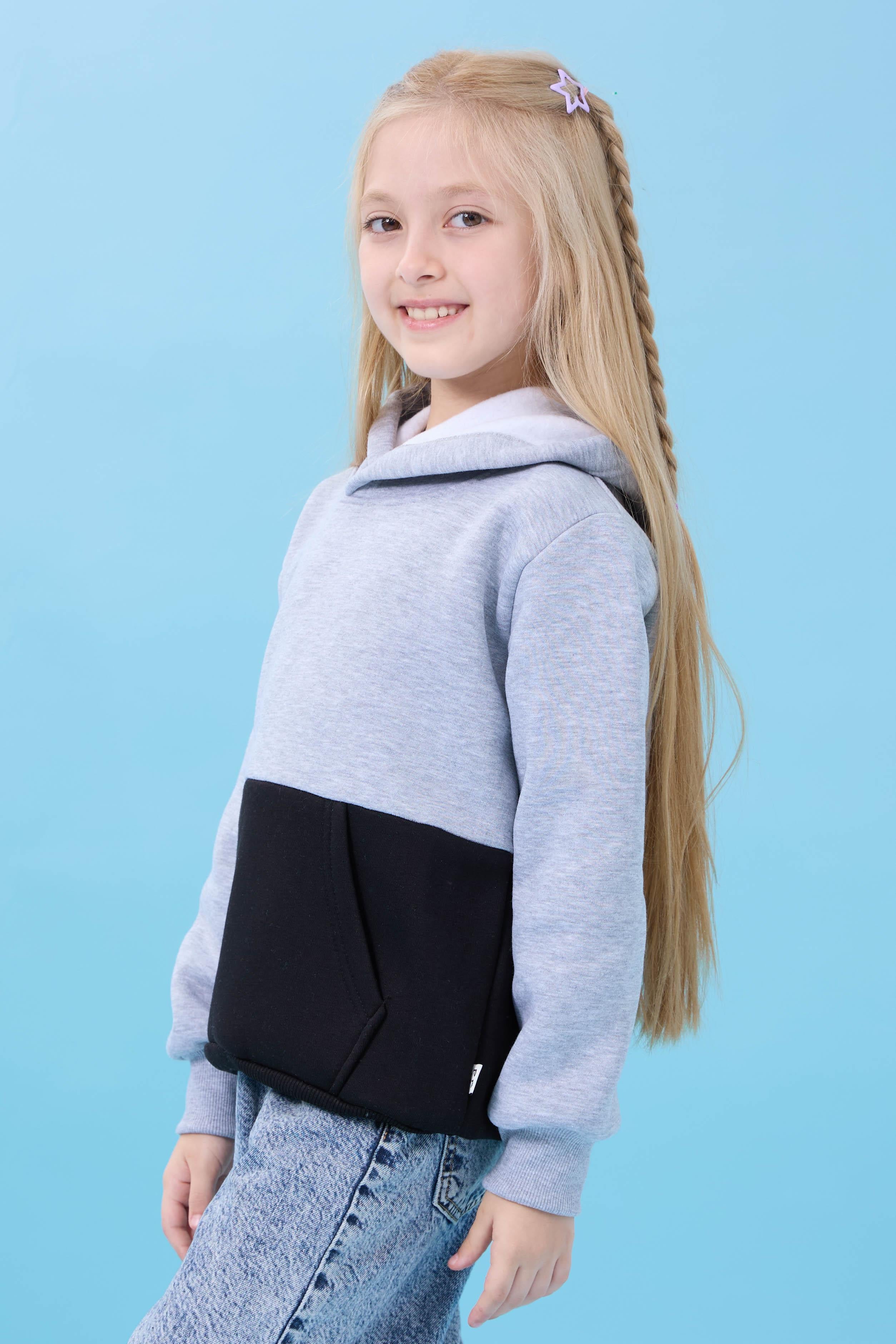 Unisex Kapüşonlu Kanguru Cepli Renk Bloklu Şardonlu Kışlık Sweatshirt - Gri/Siyah