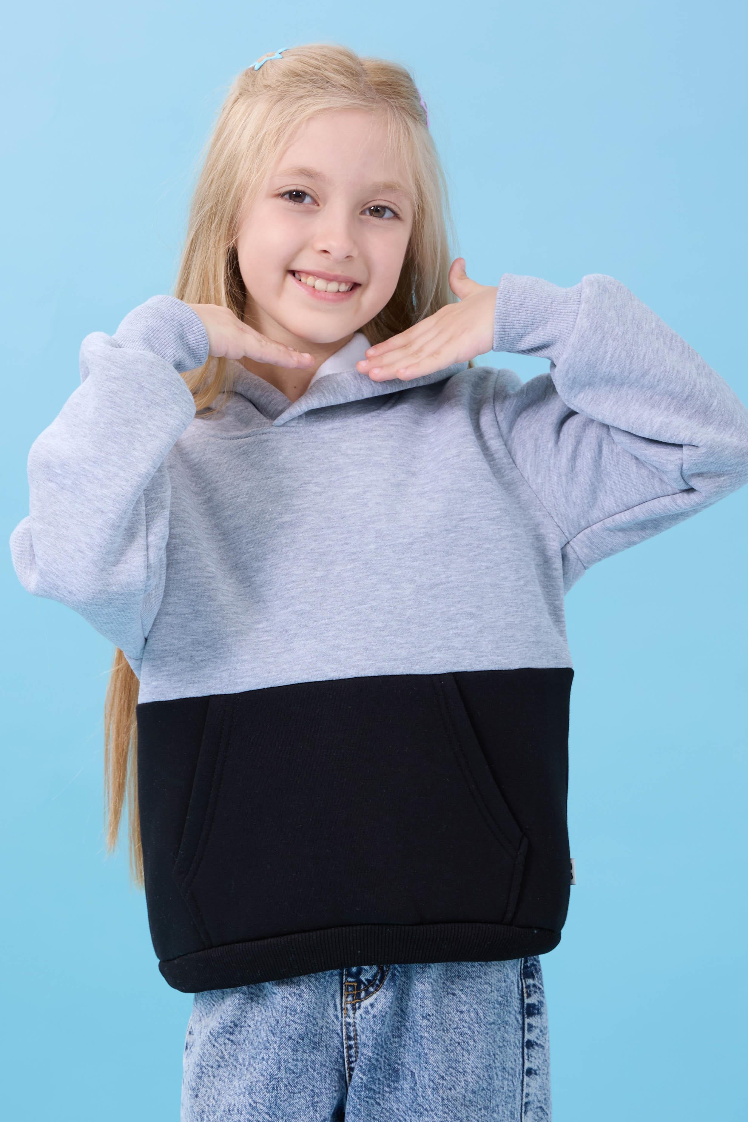 Unisex Kapüşonlu Kanguru Cepli Renk Bloklu Şardonlu Kışlık Sweatshirt - Gri/Siyah